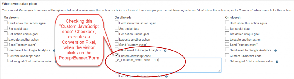 Executing a Personyze Conversion Pixel if a visitor responds to a popup by clikcing on it