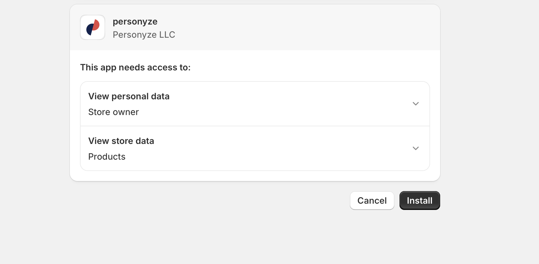 Shopify App Store page showing the Personyze app ready to install
