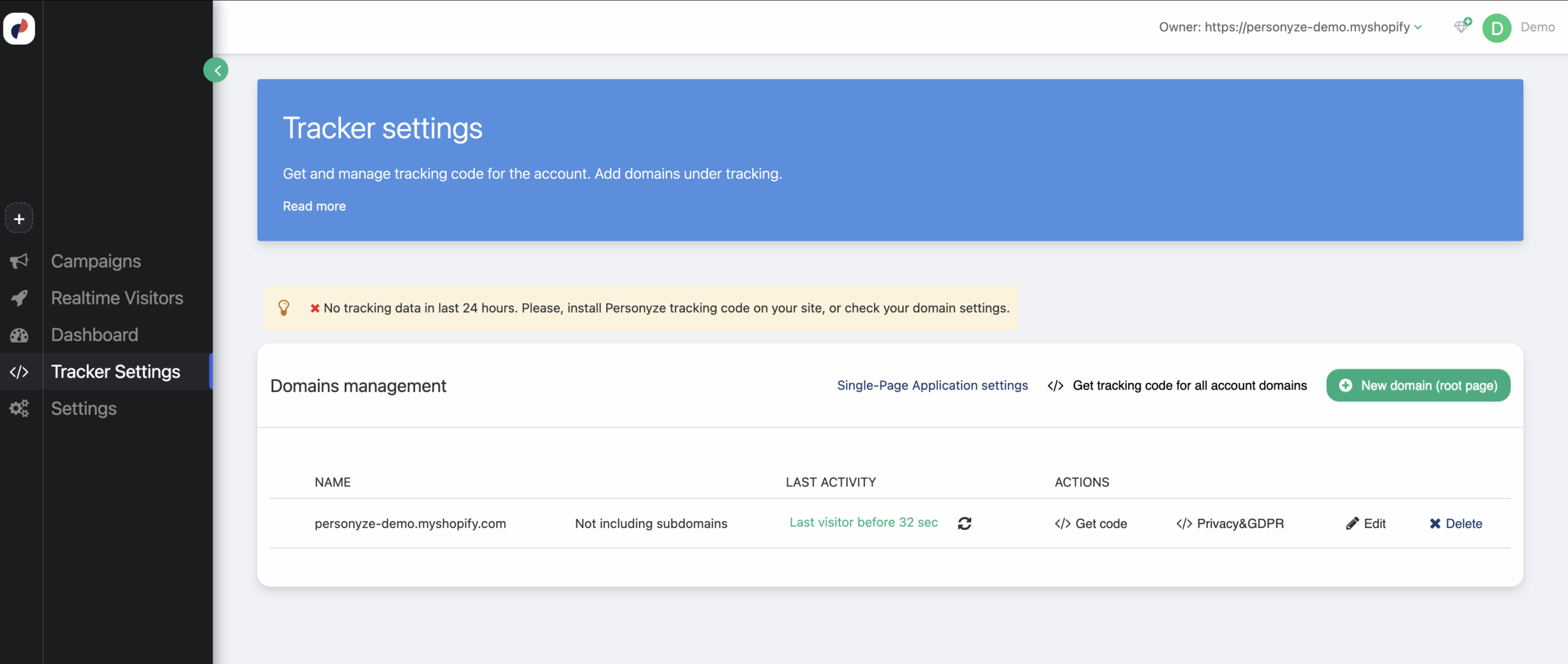 Personyze domain settings showing recent visitor activity