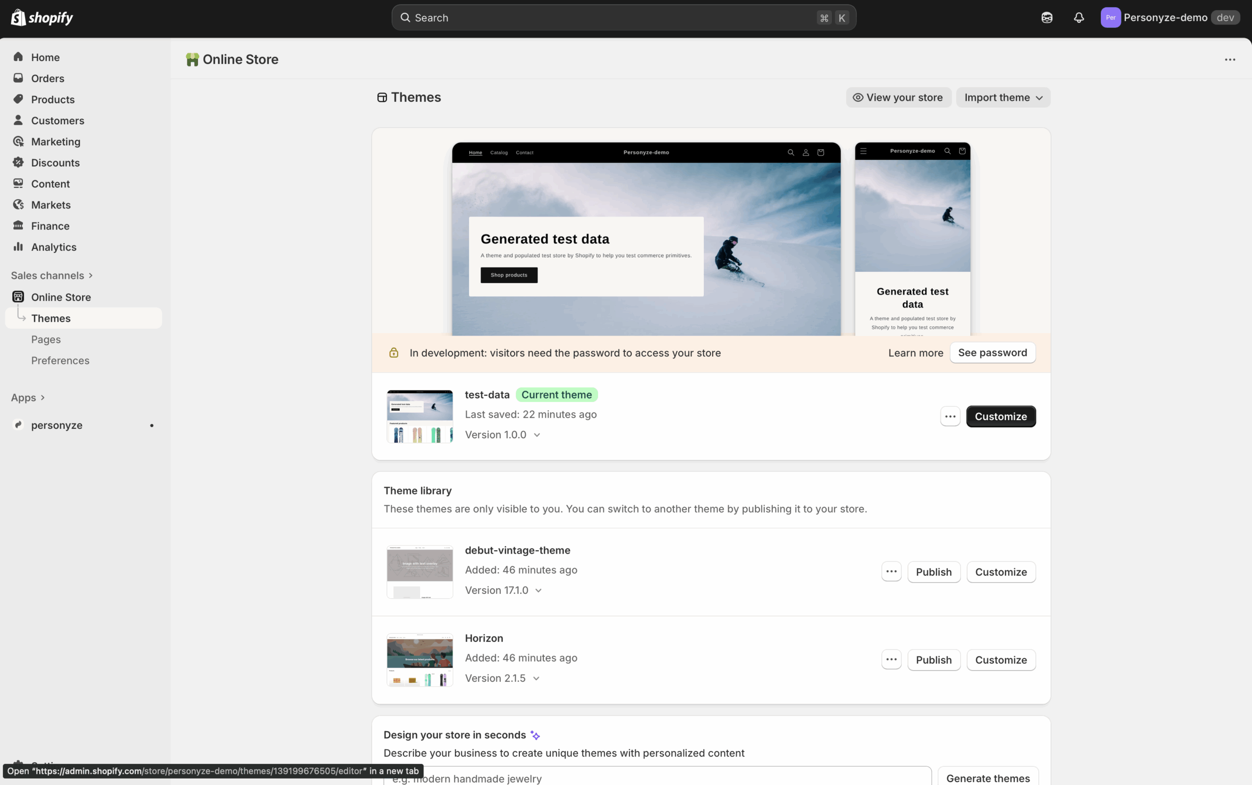 Shopify Themes section with the Customize button highlighted
