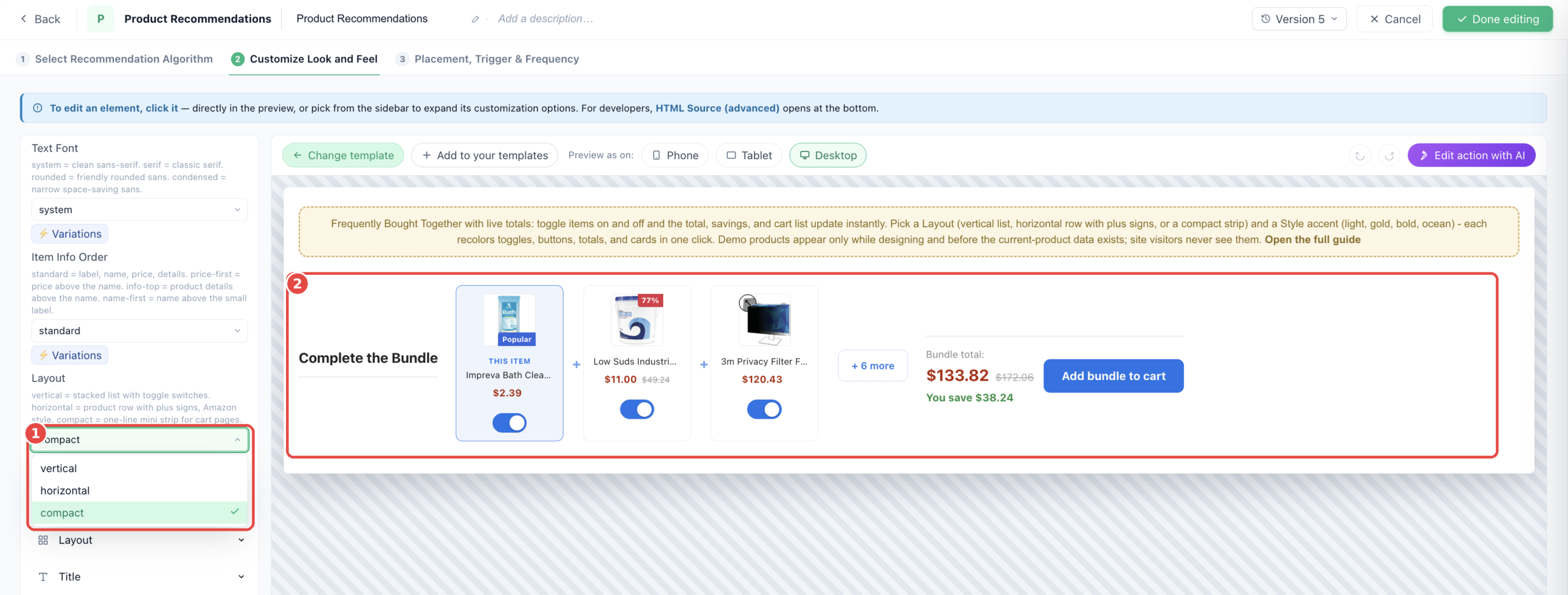 Buy Together editor: the Layout select open with vertical, horizontal, and compact options, with the compact strip shown in the preview