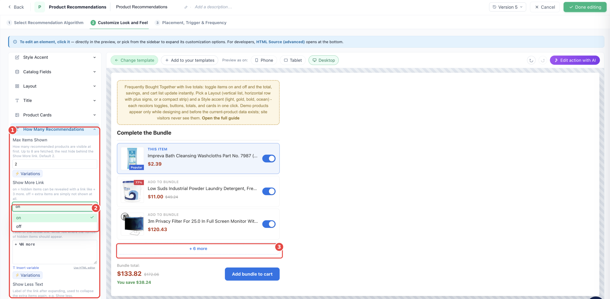 Buy Together editor: the How Many Recommendations group with Max Items Shown and the Show More link settings, shown with the vertical layout in the preview
