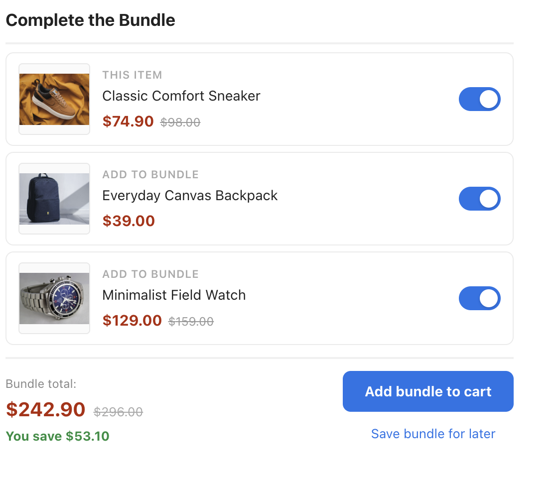 Buy Together template — bundle builder with product toggles, plus signs, live bundle total, strikethrough original price, and You save line