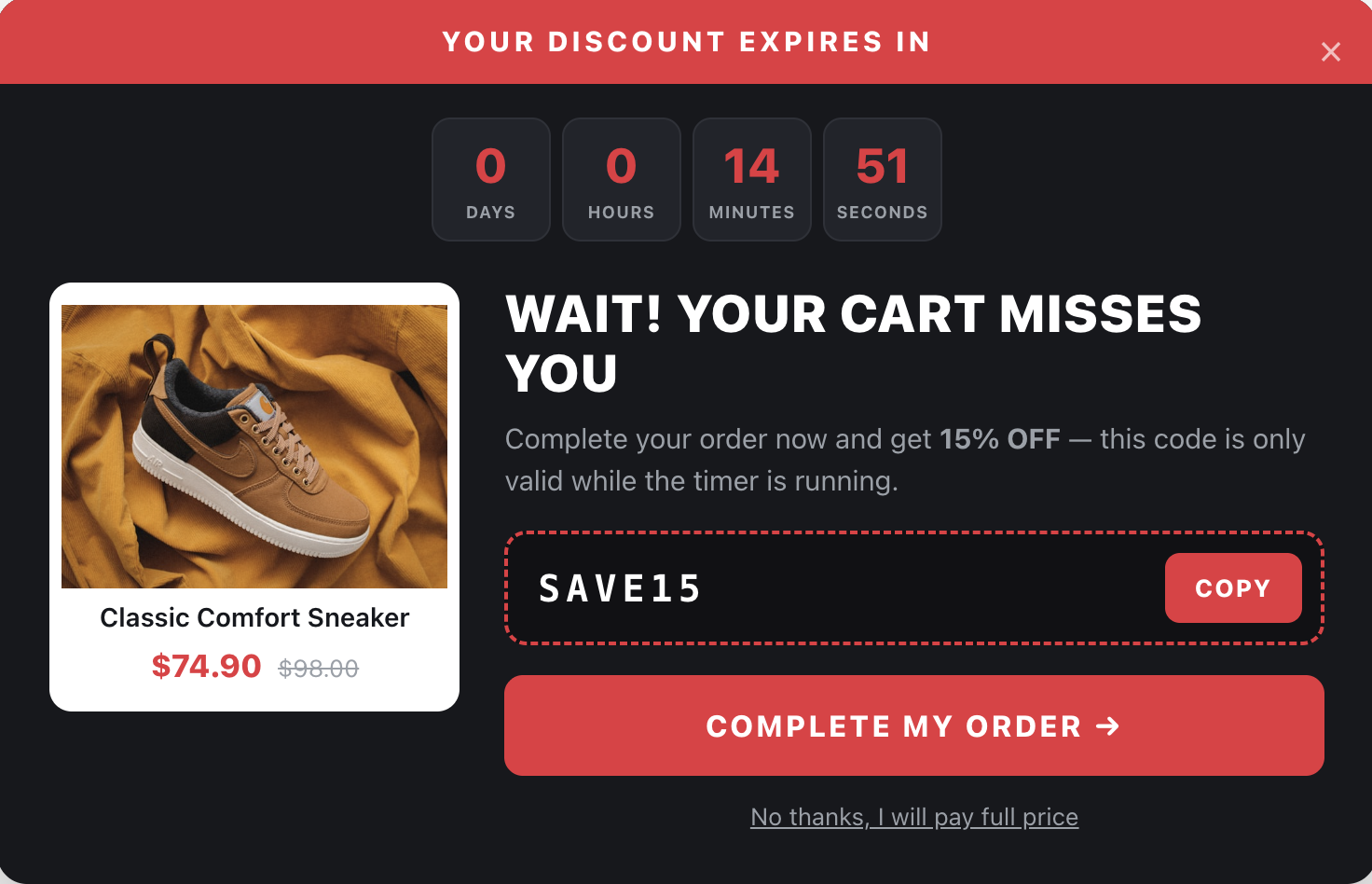Cart Exit popup with timer and coupon, bold accent