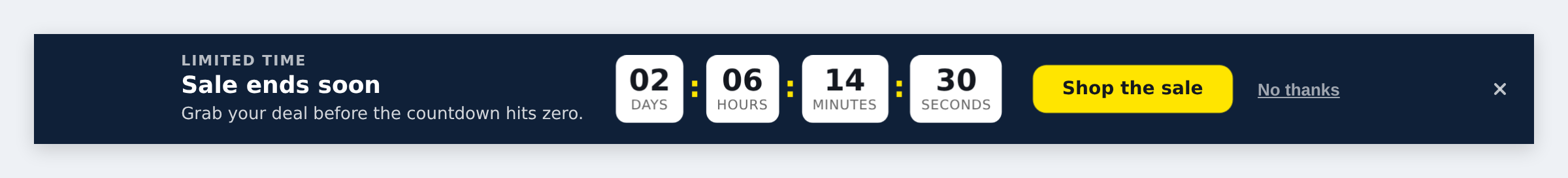 Full-width countdown bar pinned across the page with timer and button