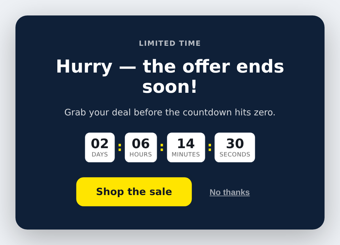 Countdown timer card with headline, timer boxes and a call-to-action button