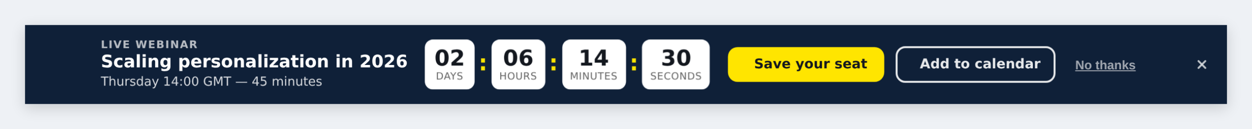 Event countdown bar with an icon, register button and add-to-calendar link