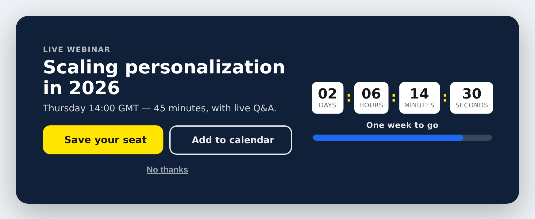 Side-by-side event countdown with text on the left and timer with progress bar on the right