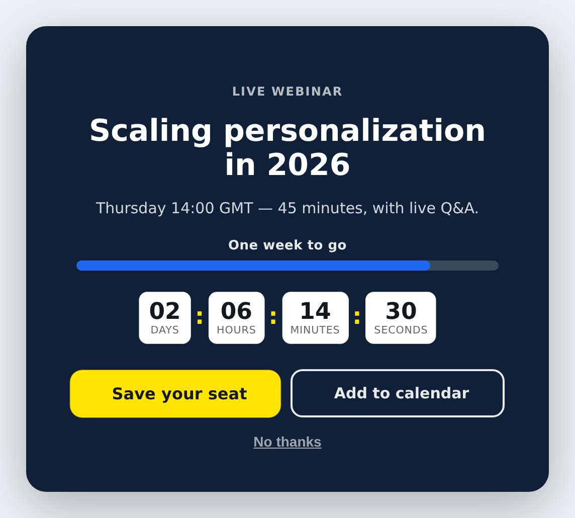 Event countdown with a progress bar filling toward the event date