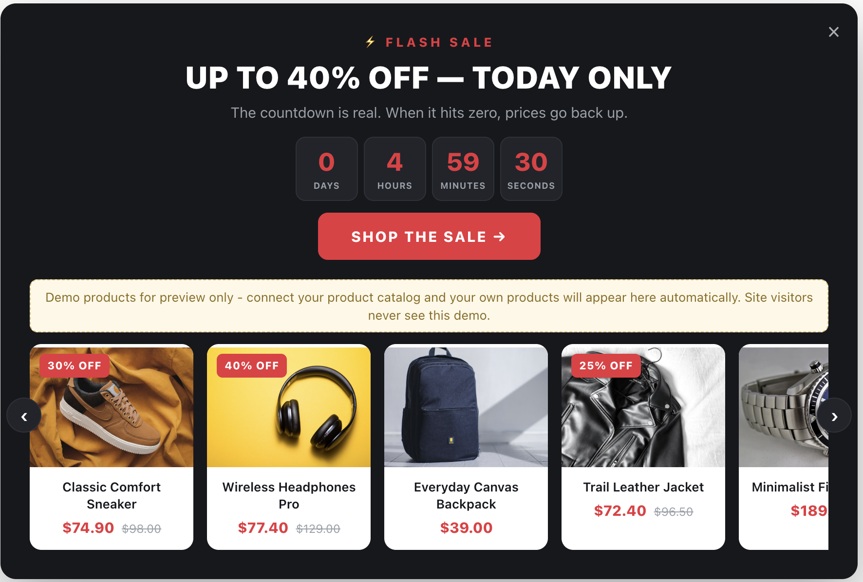 Flash Sale Countdown popup, bold accent