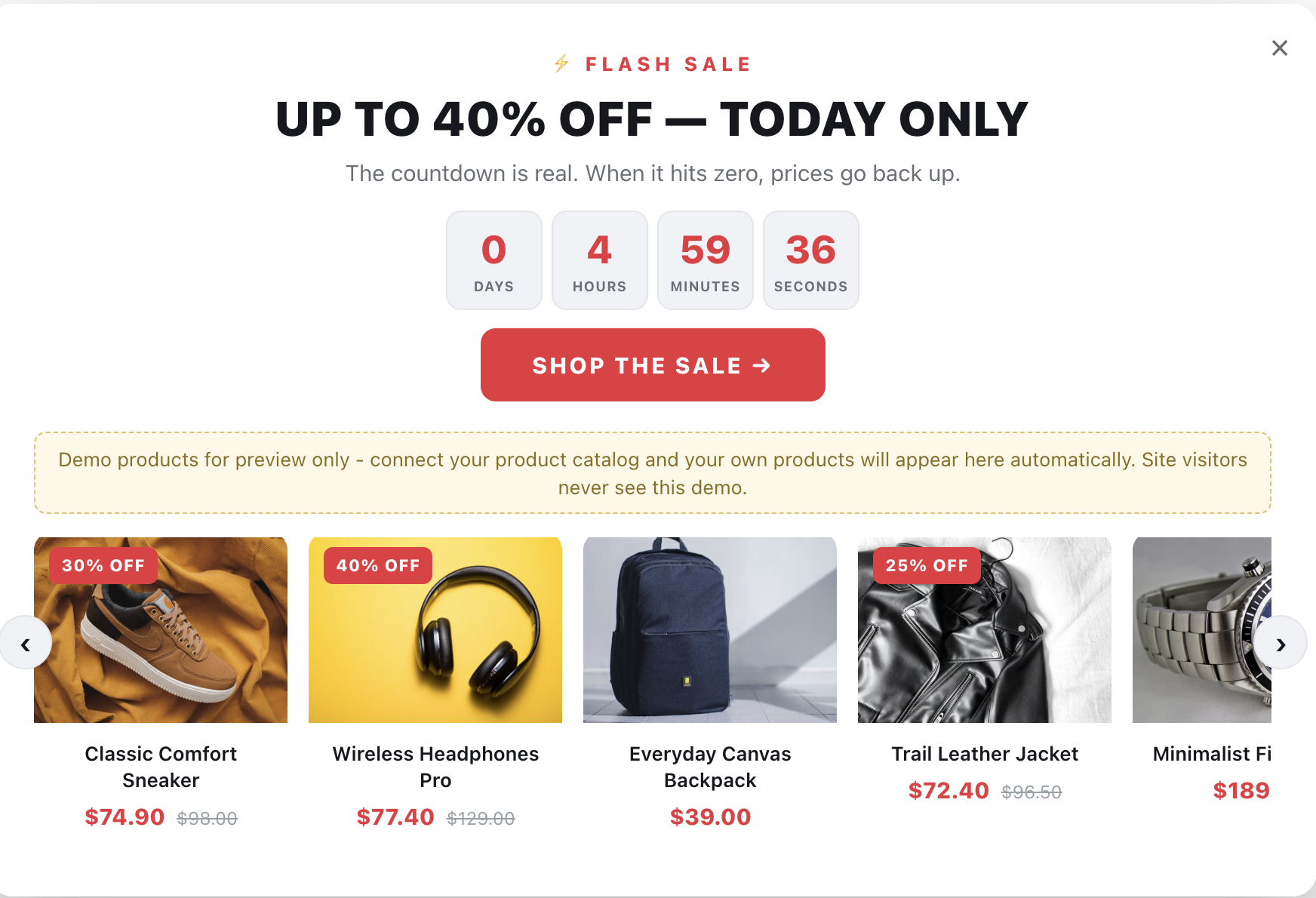 Flash Sale Countdown popup, light accent