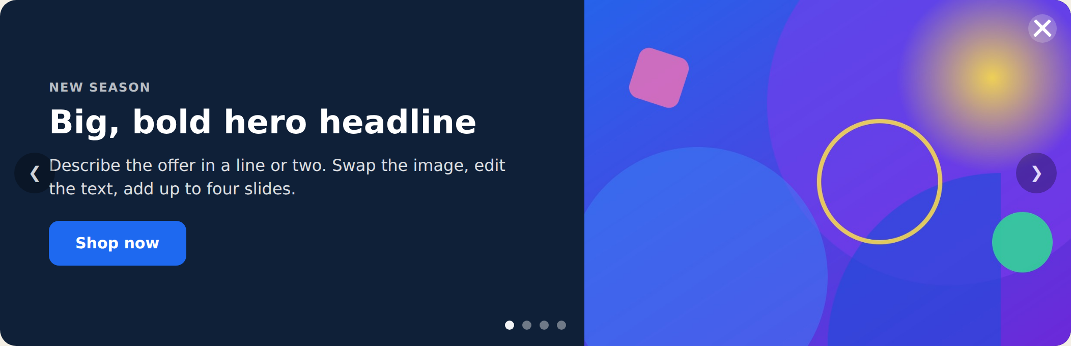 Hero Slider in the full layout with text beside a graphic, arrows, and dots