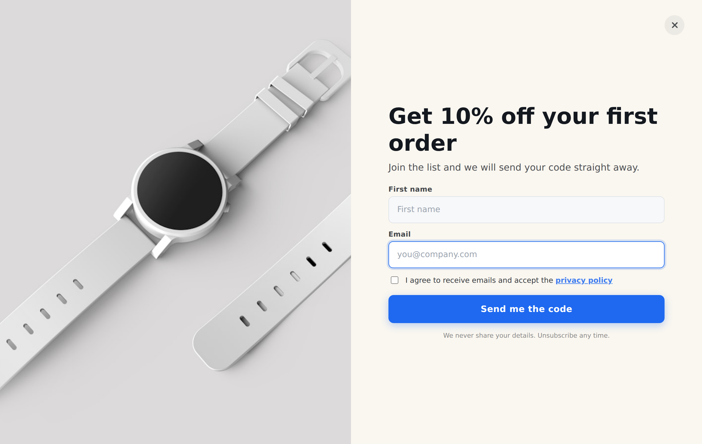 Full-screen split with the image filling one half and the form the other