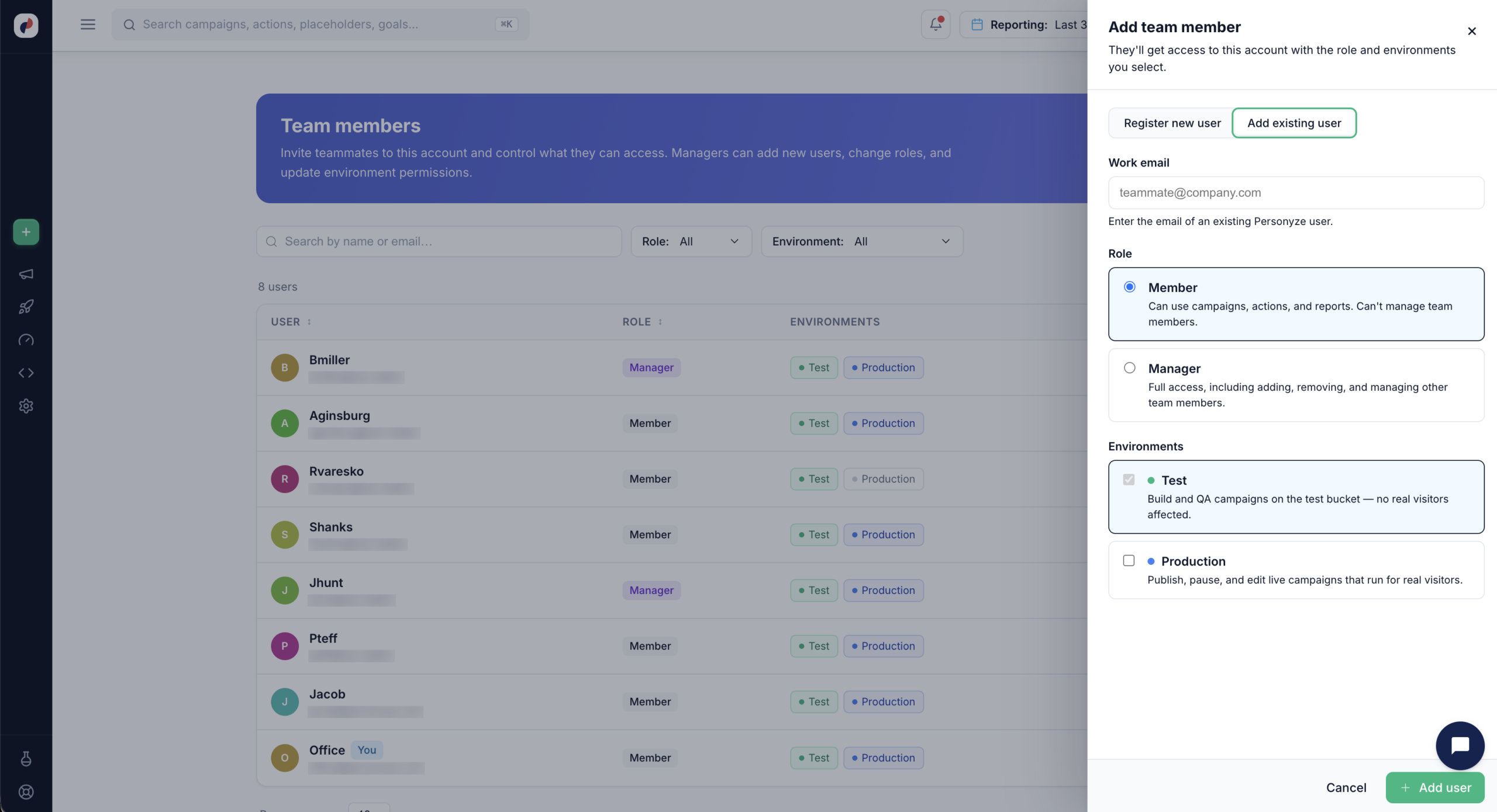 The Add team member panel on the Add existing user tab, showing work email, role, and environment options