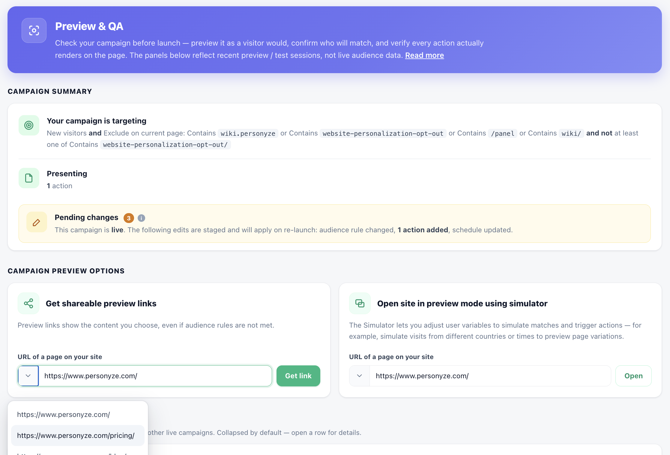 Personyze Preview & QA tab showing the campaign summary, pending changes, shareable preview links, and simulator options