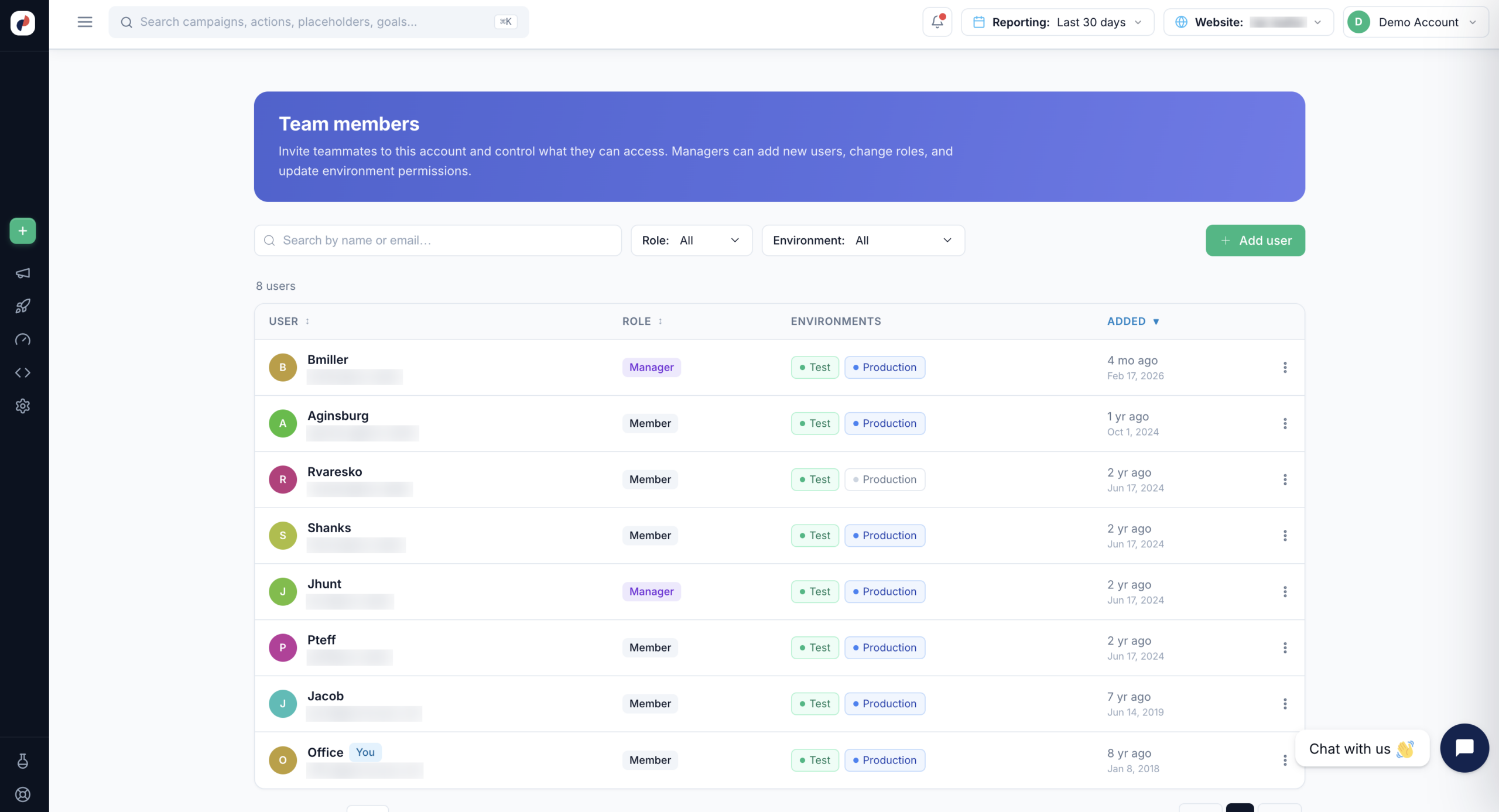 The Personyze Team members page listing users with their role, environments, and date added