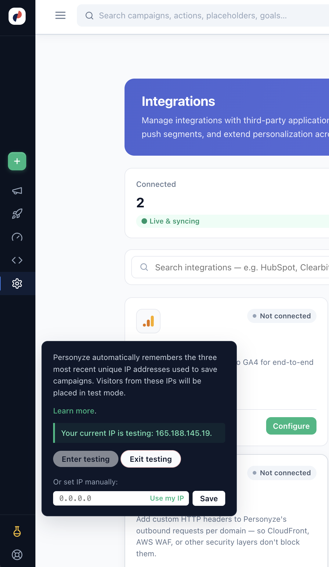The test mode indicator in the Personyze left menu with the popup for entering or exiting testing and setting an IP manually