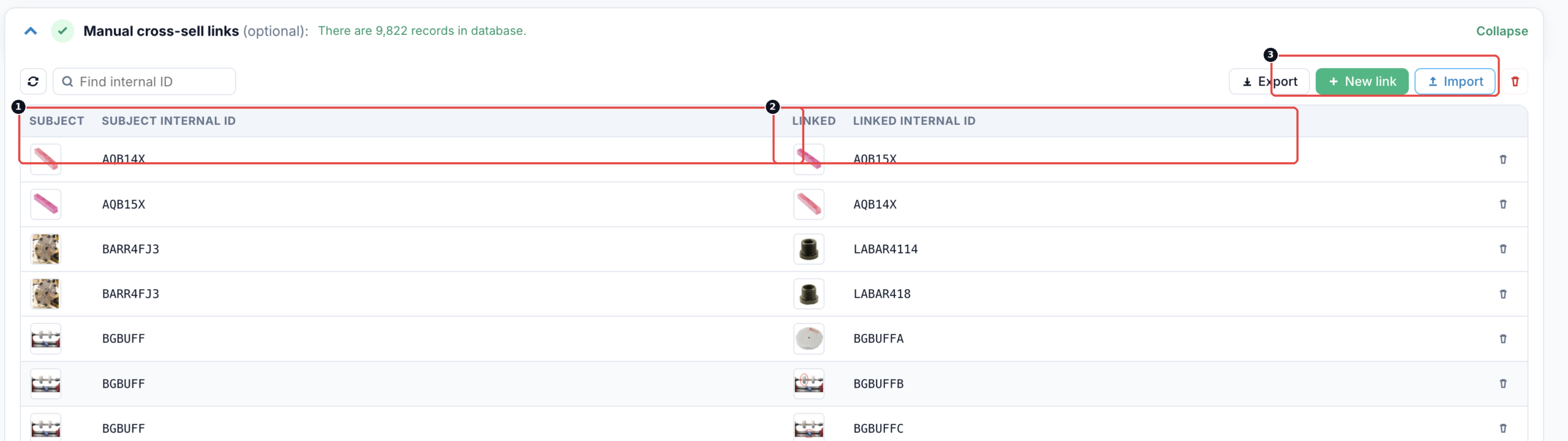The Manual cross-sell links screen in the recommendation algorithm, with Subject and Linked internal ID columns and an Import button