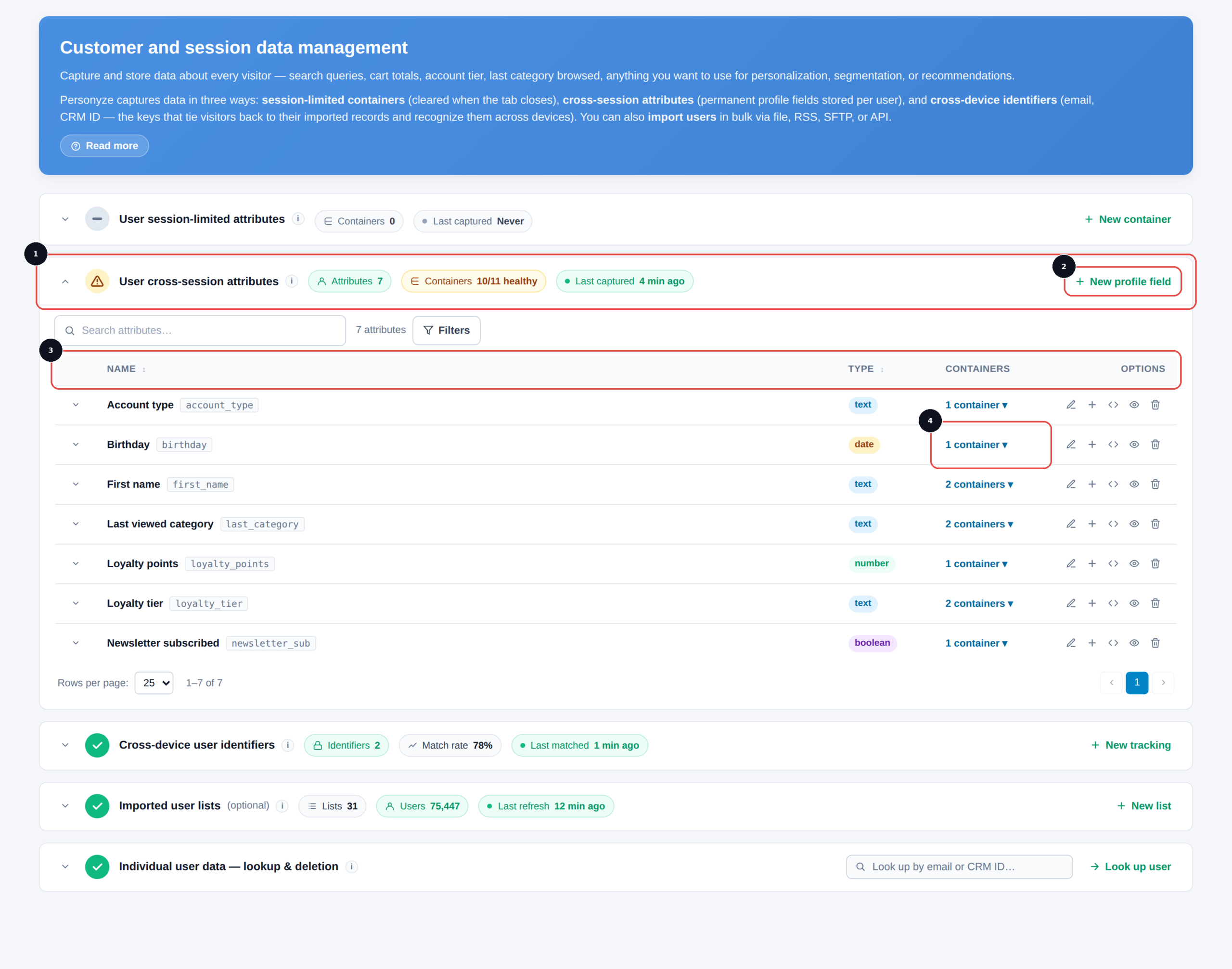 The User cross-session attributes section listing existing profile fields with their name, type, and the containers that populate them