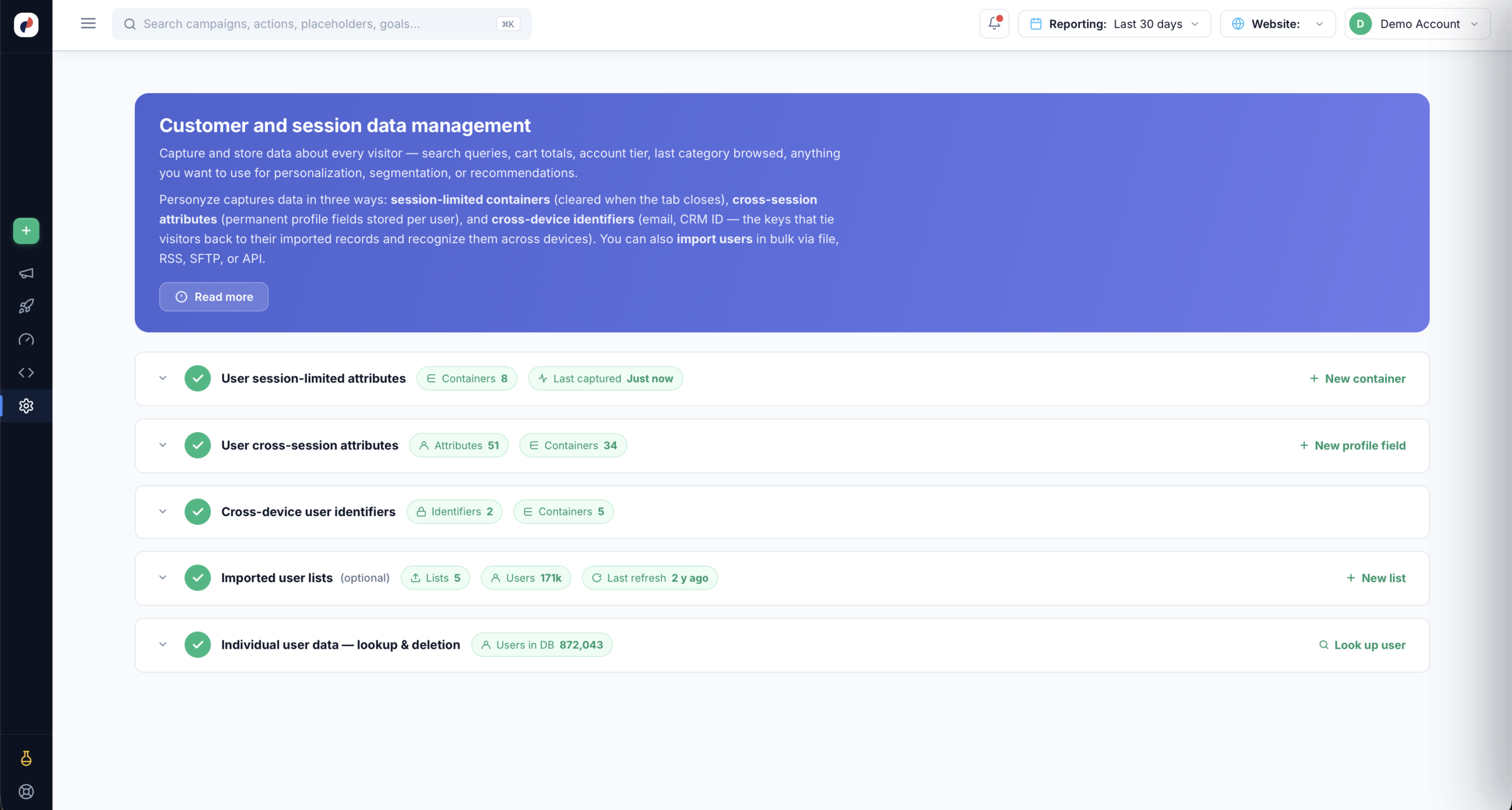 The Customer and session data management page listing session-limited attributes, cross-session attributes, cross-device identifiers, imported user lists, and individual user lookup