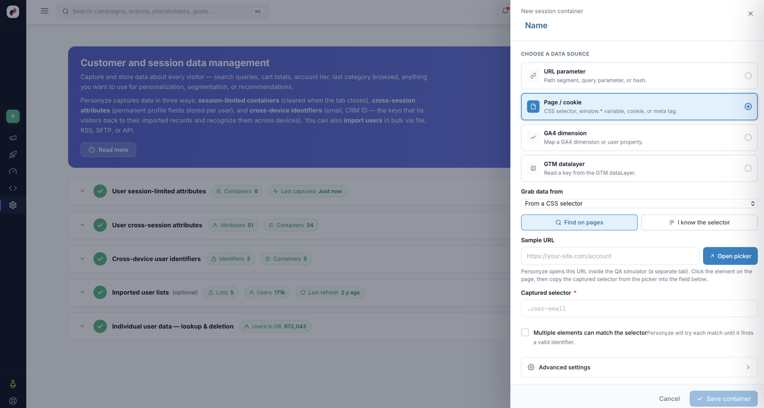 The Find on pages option with a sample URL field and Open picker button for capturing a selector visually