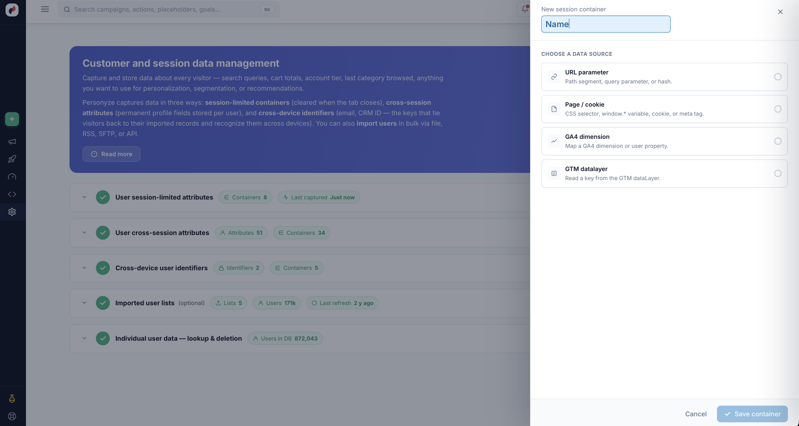 The New session container panel showing the four data sources: URL parameter, Page or cookie, GA4 dimension, and GTM datalayer