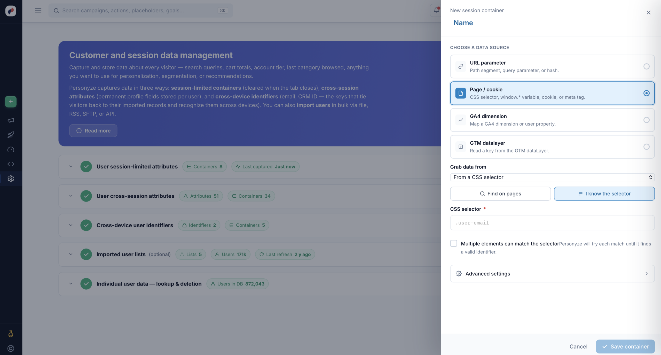 The Page or cookie data source selected, with Grab data from set to a CSS selector
