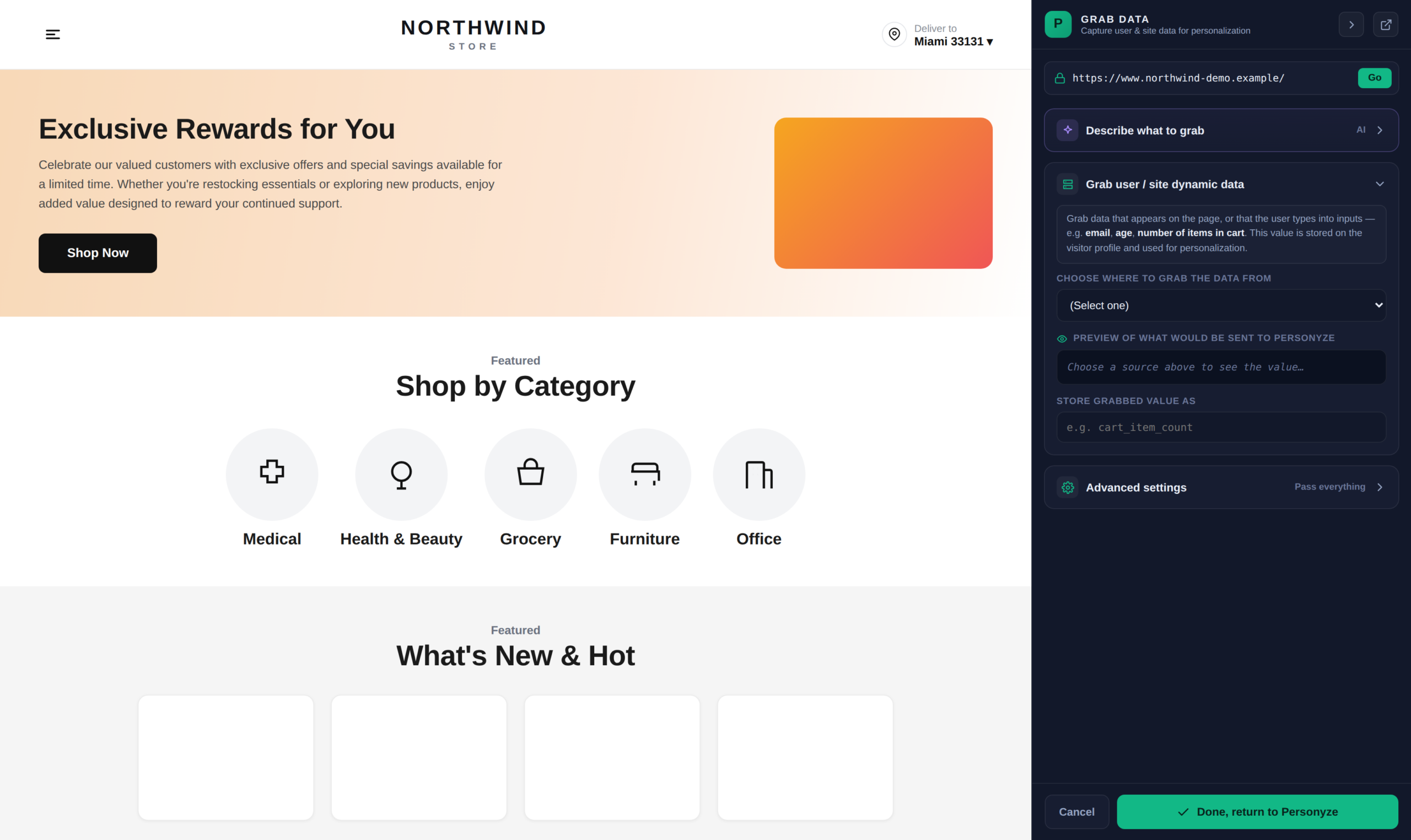 The Personyze grab-data picker open beside a live site, ready to capture user and site data