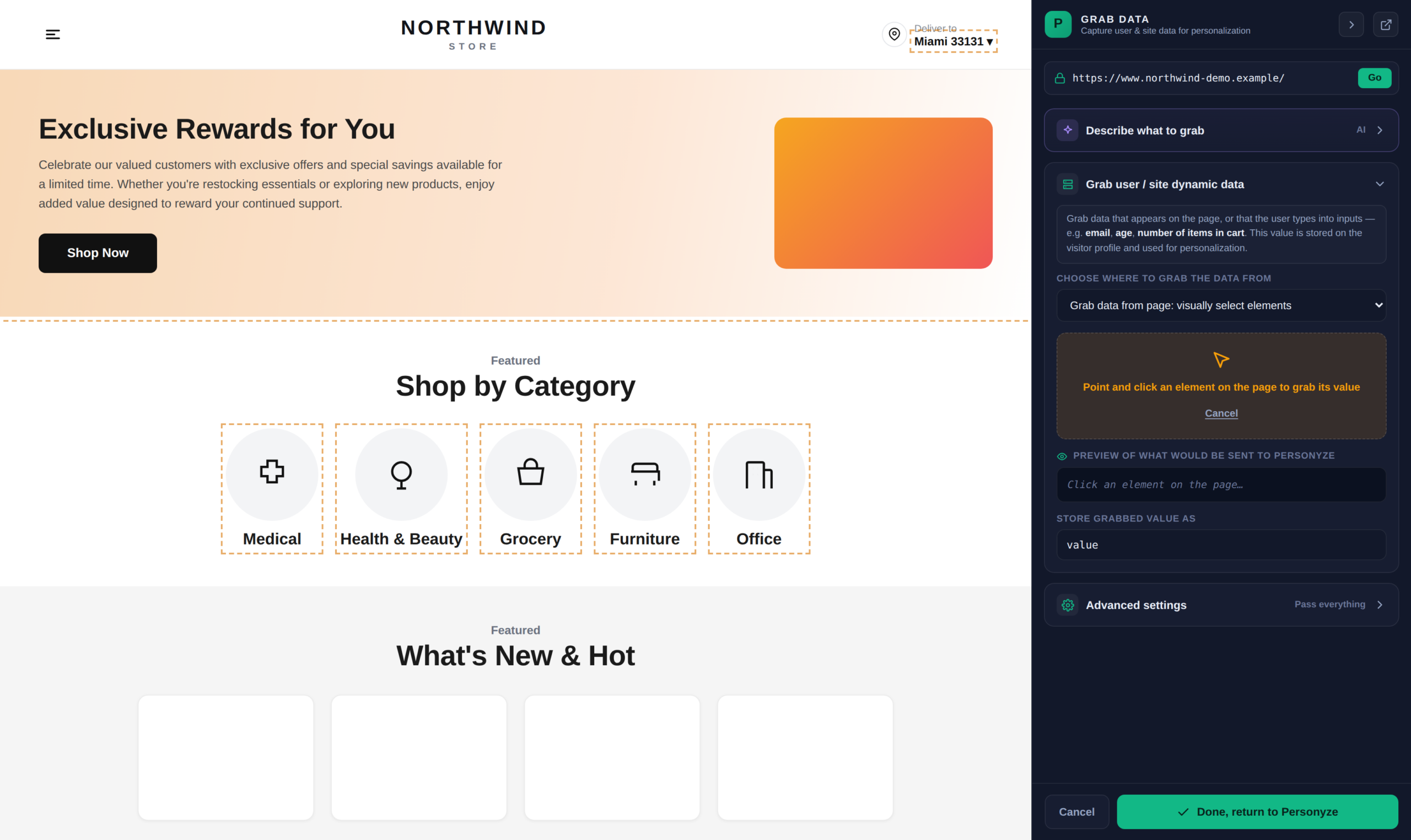 The picker prompting you to point and click an element on the page to grab its value