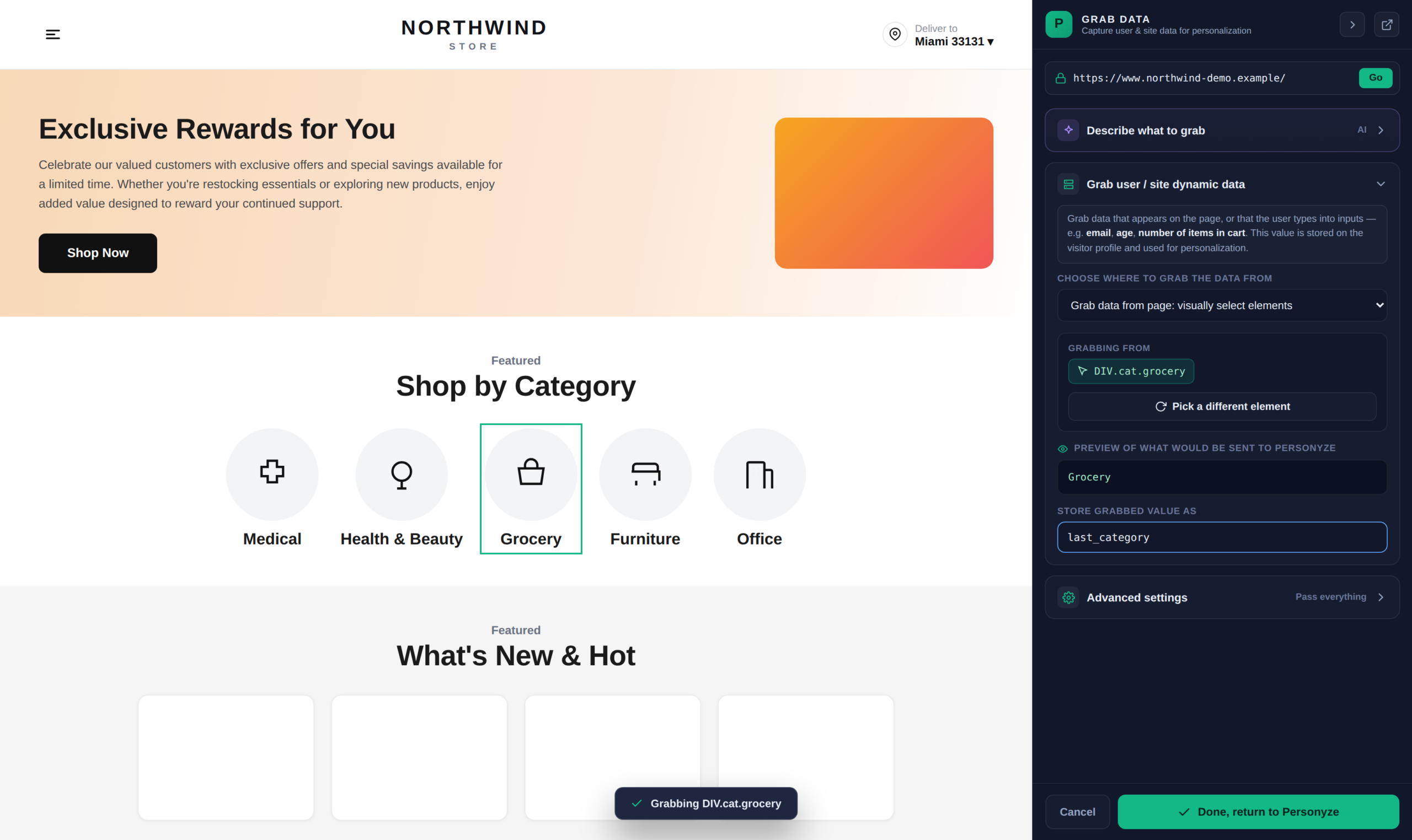 An element picked in the grab-data picker, showing the captured selector and a preview of the value that would be sent