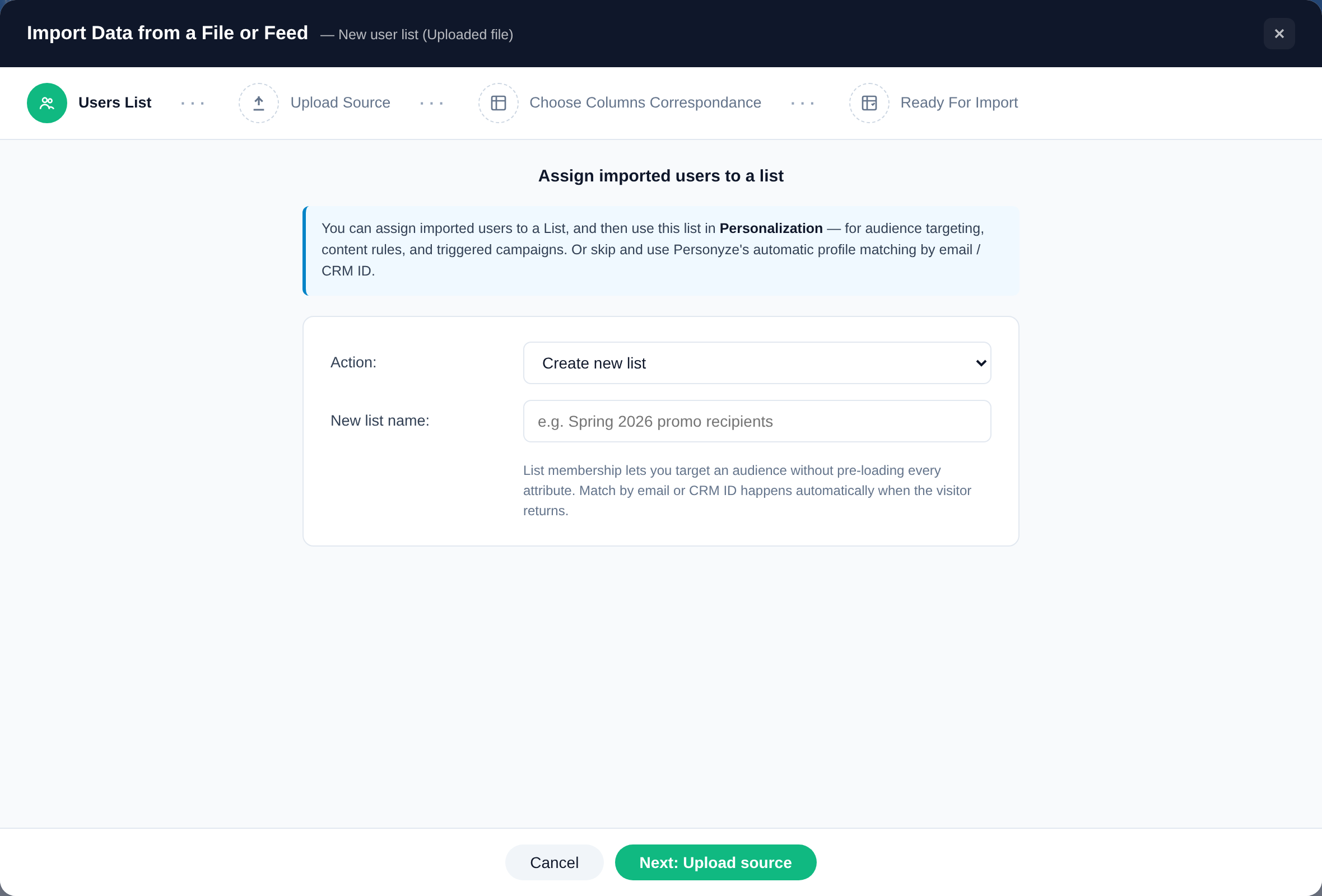 Step 1 of the Personyze import wizard: assign imported users to a list, or skip and rely on automatic profile matching