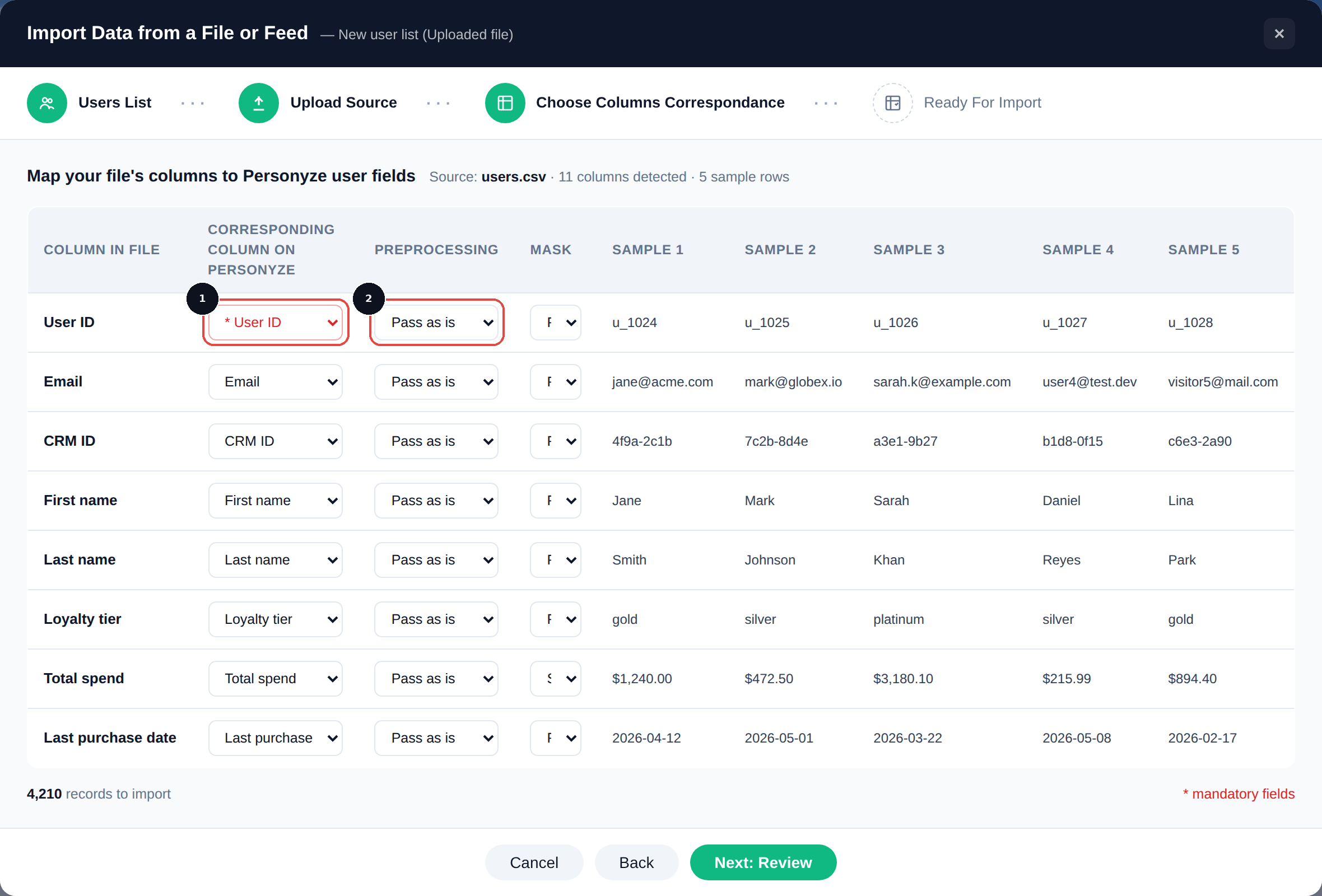Step 3 of the import wizard with the column-to-field mapping dropdowns annotated