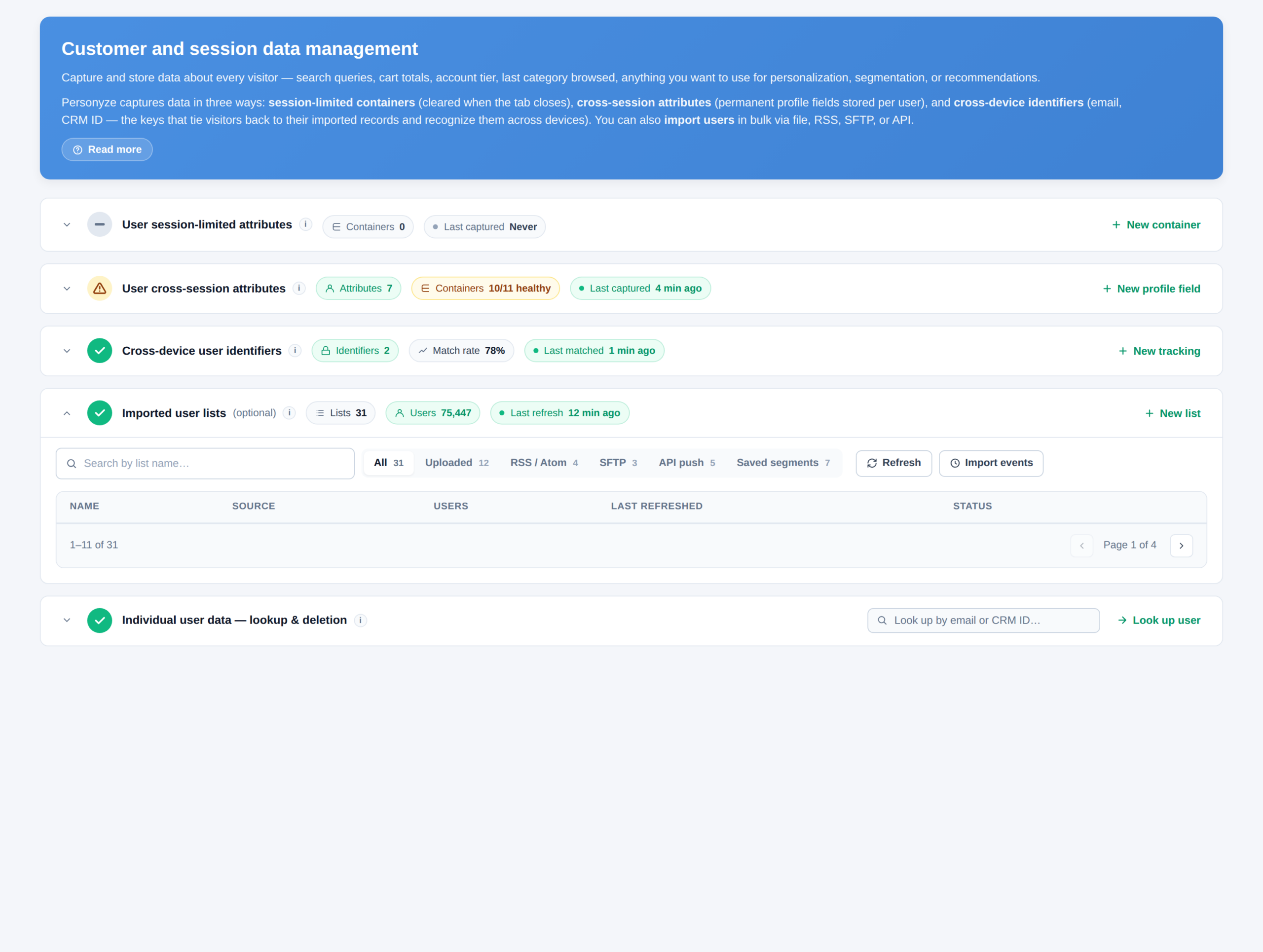 The Imported user lists section showing each list with its source, user count, last refresh, and status