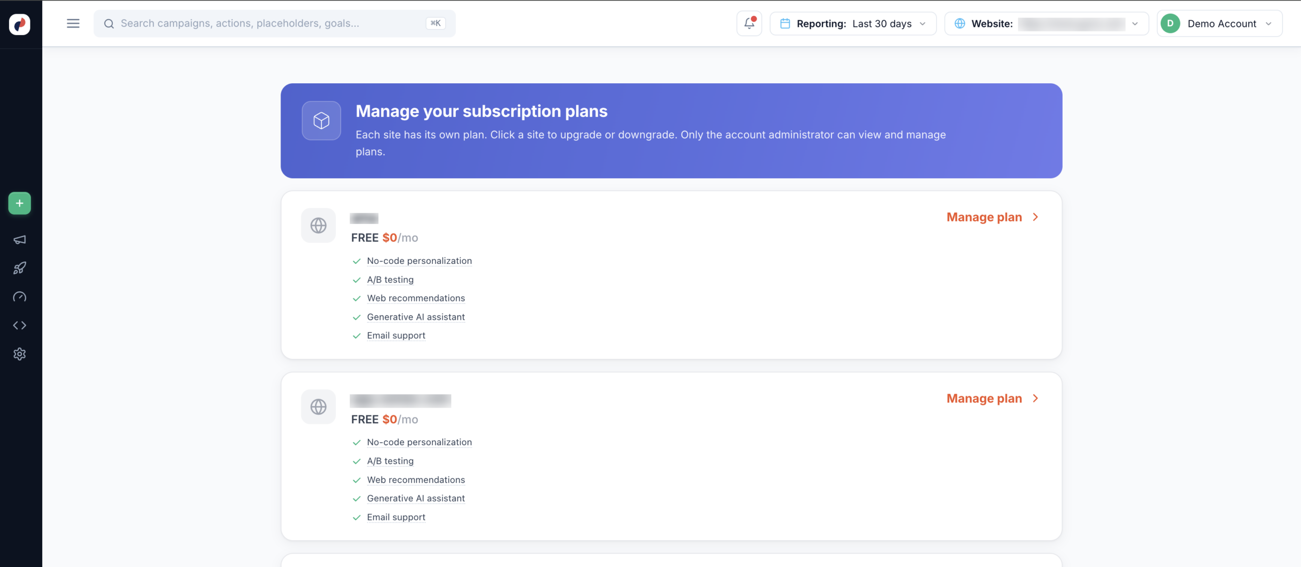The Manage your subscription plans page listing each site in the account with its current plan and a Manage plan link