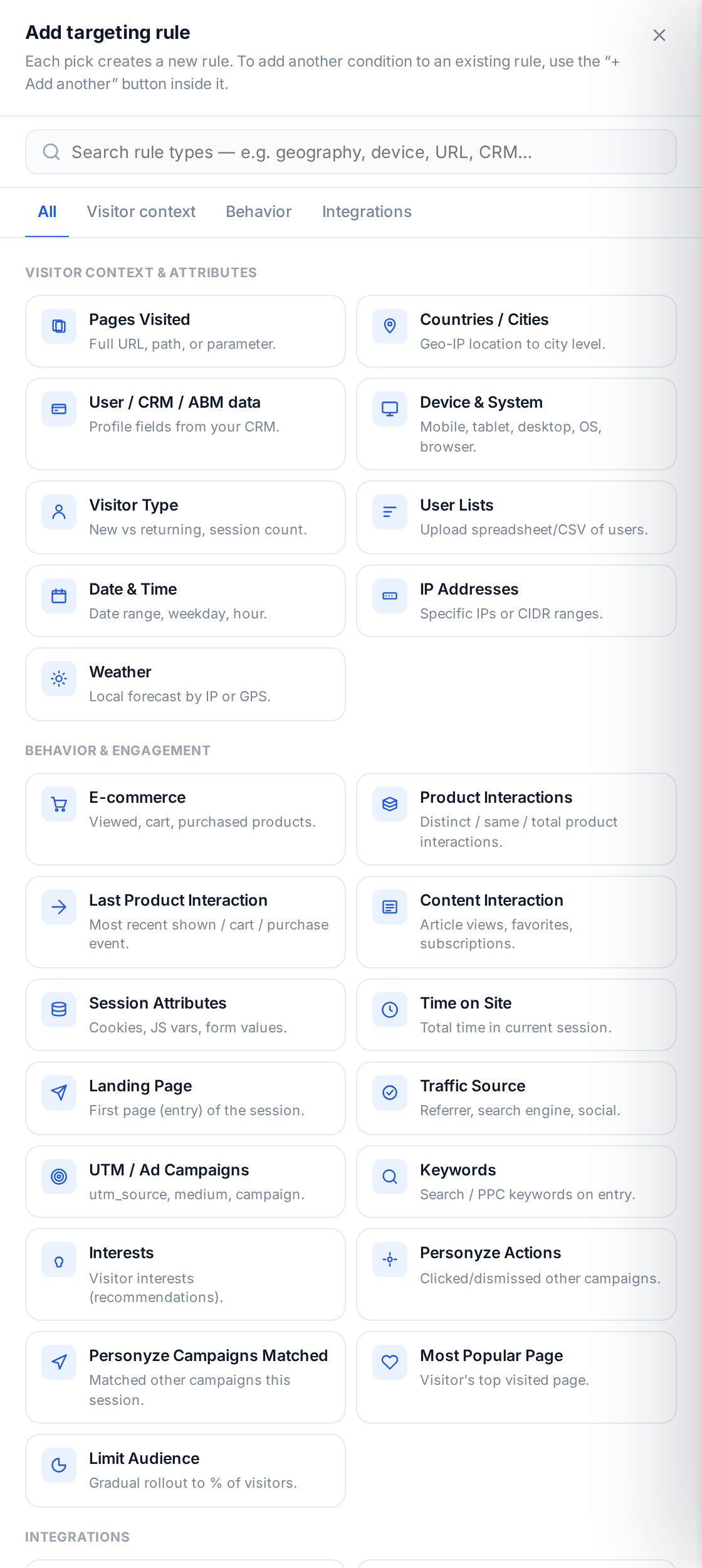 The Add targeting rule drawer with the User / CRM / ABM data option for profile fields from your CRM