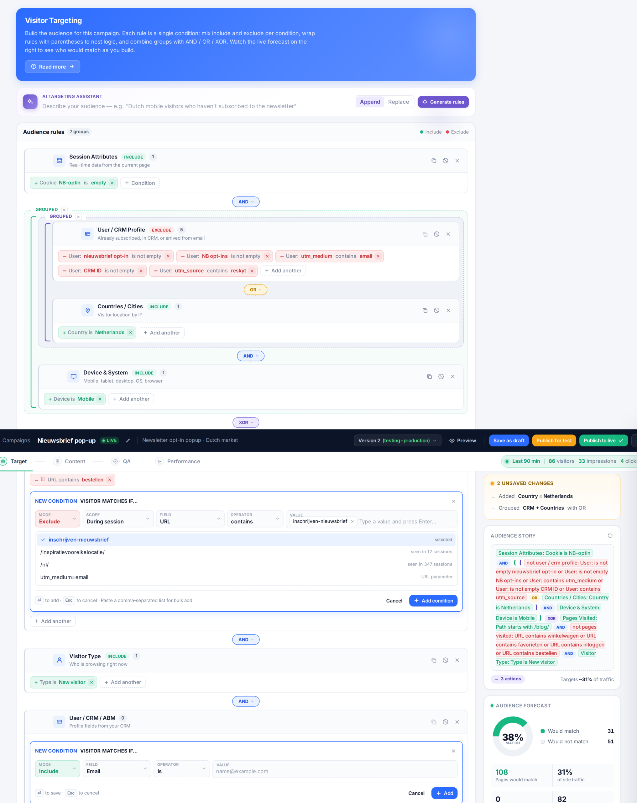 A User / CRM / ABM data targeting rule added to the audience, using an imported profile field