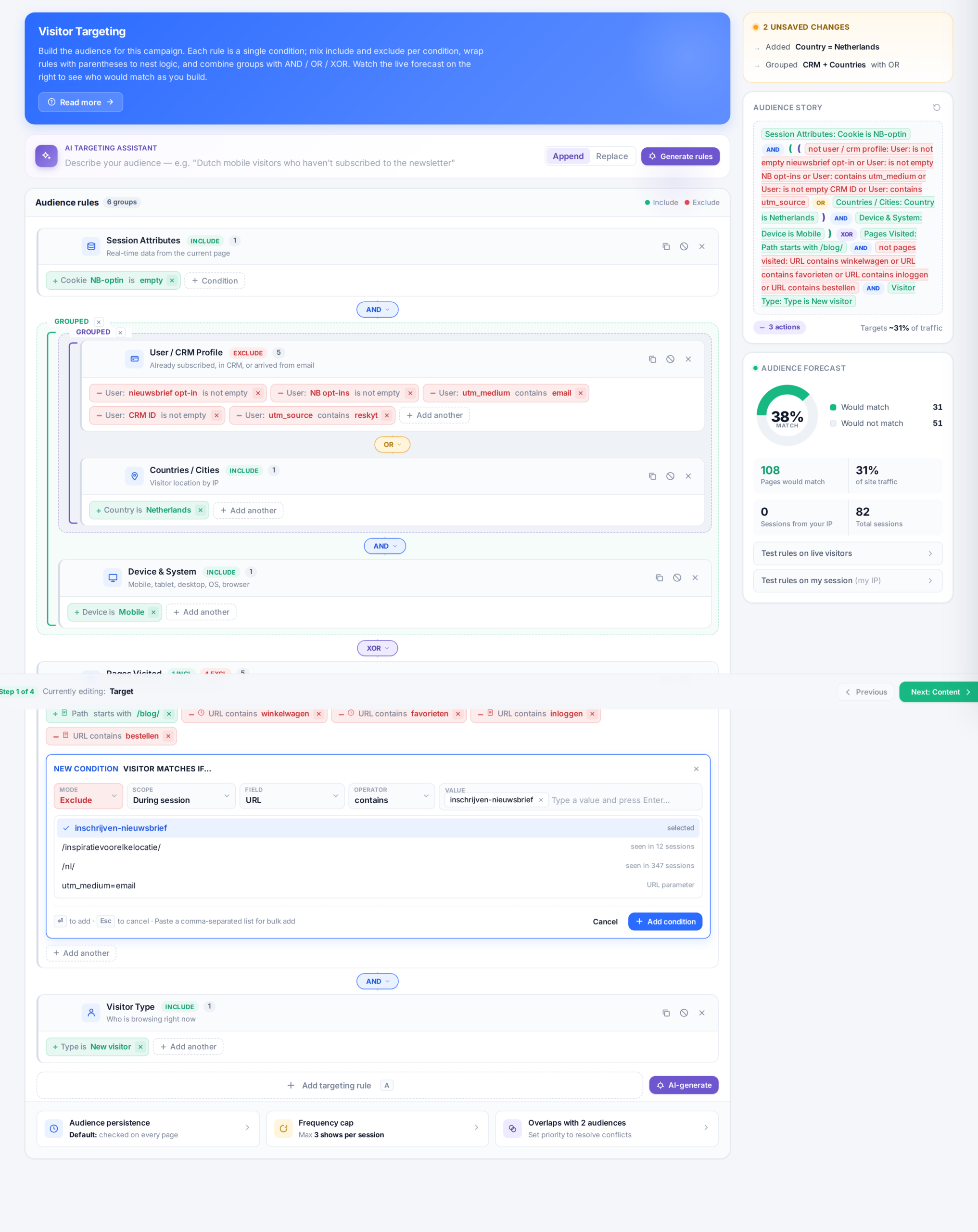 The Visitor Targeting screen showing audience rule groups including a User / CRM Profile group