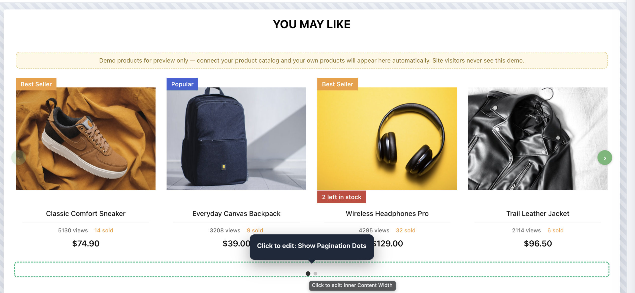 The Clean Catalog Cards recommendations slider: product photos on white cards with the title, view and sold counts, and price centered below the image