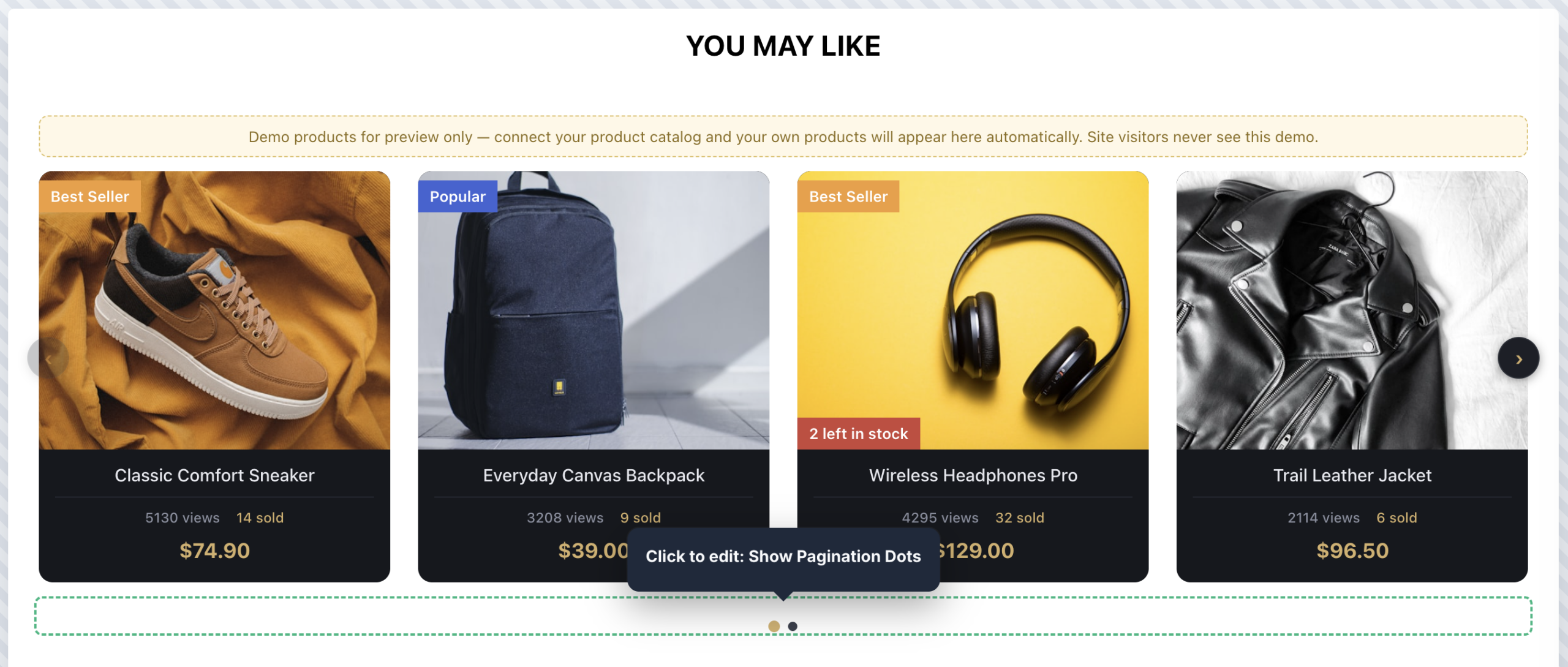 The Dark Premium Cards recommendations slider: near-black cards with full-bleed product photos, light text, gold prices, and vivid badges