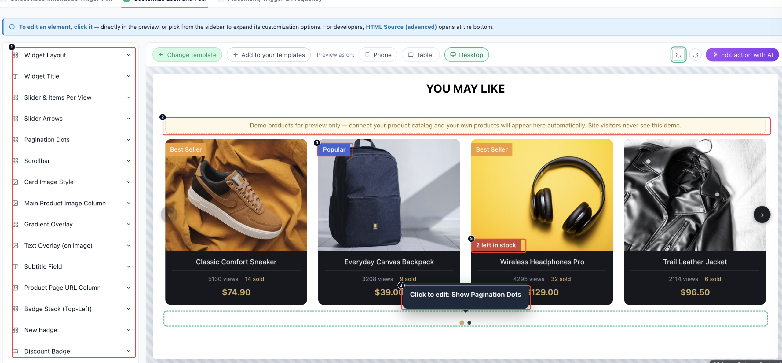 The Dark Premium Cards template open in the Personyze editor, with the options sidebar, demo products notice, click-to-edit tooltip, and badges