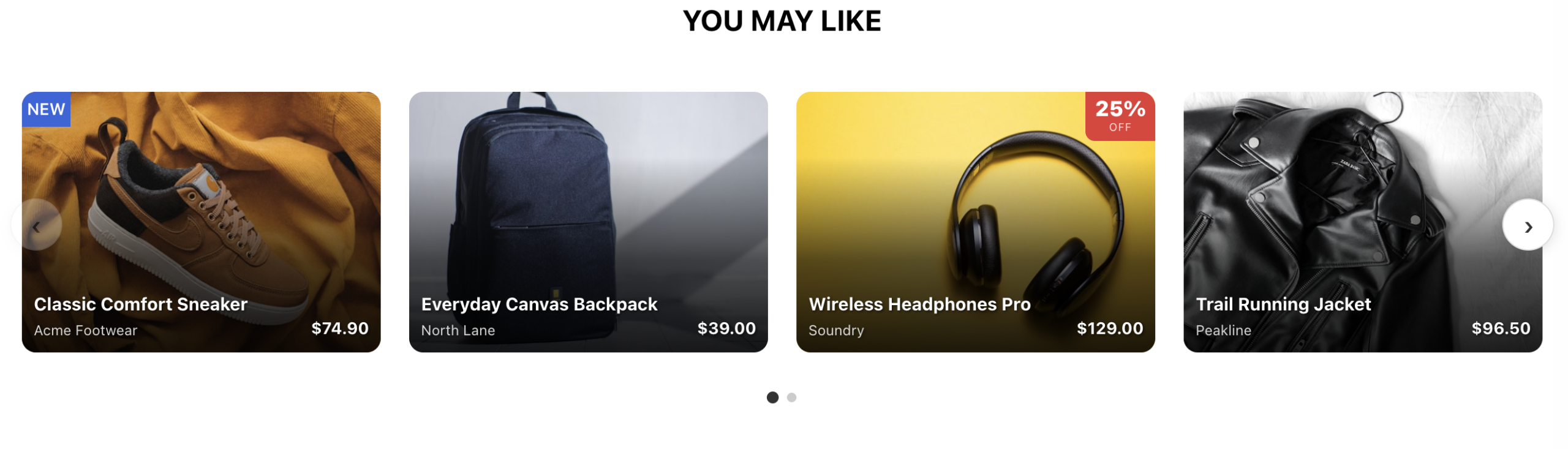 The Overlay Card Recommendations Slider showing product cards with the product name, brand, and price overlaid on each photo