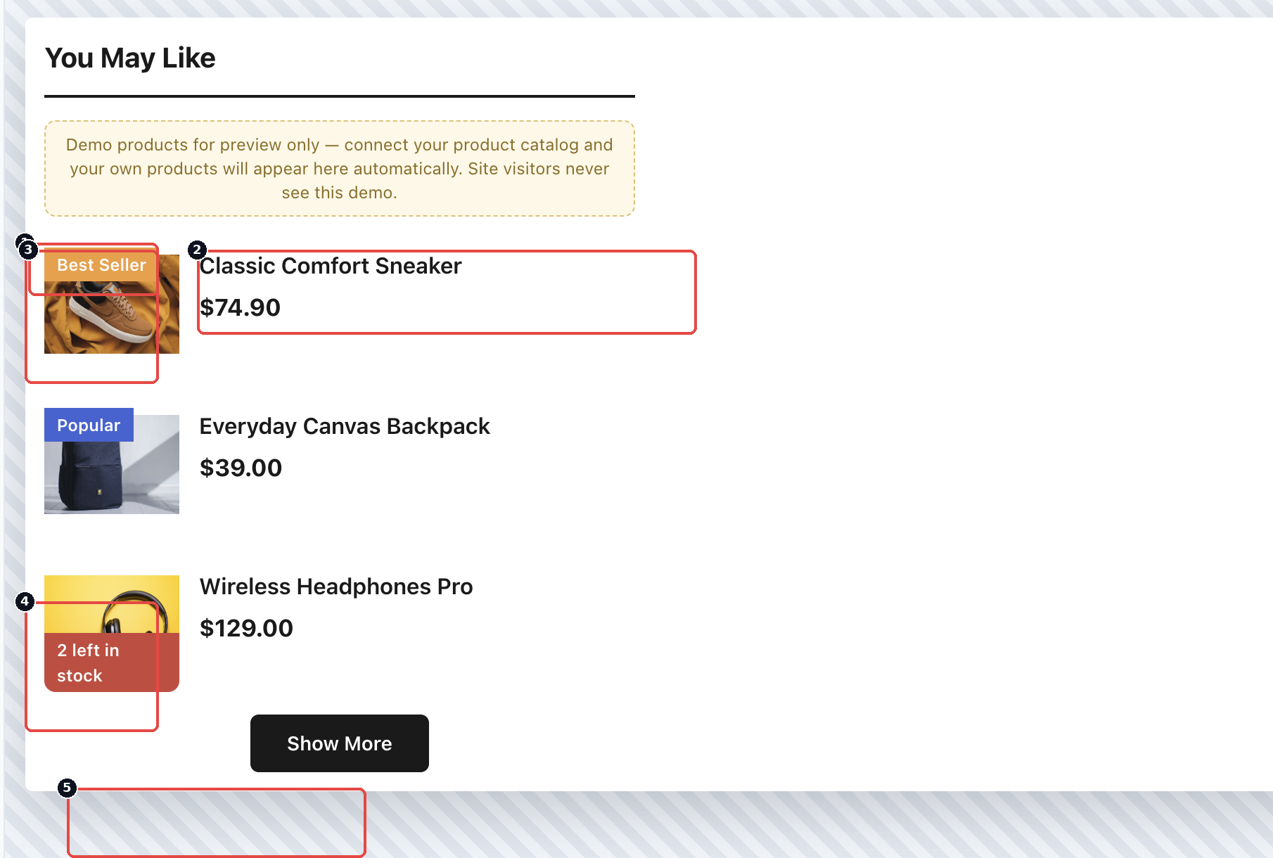 The Vertical Product List annotated: thumbnail, title and price column, badges on the thumbnail, low-stock badge, and the Show More button