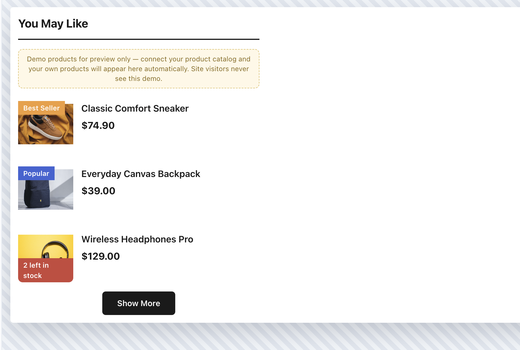 The Vertical Product List template in side layout: thumbnail beside the product title and price, with badges and a Show More button