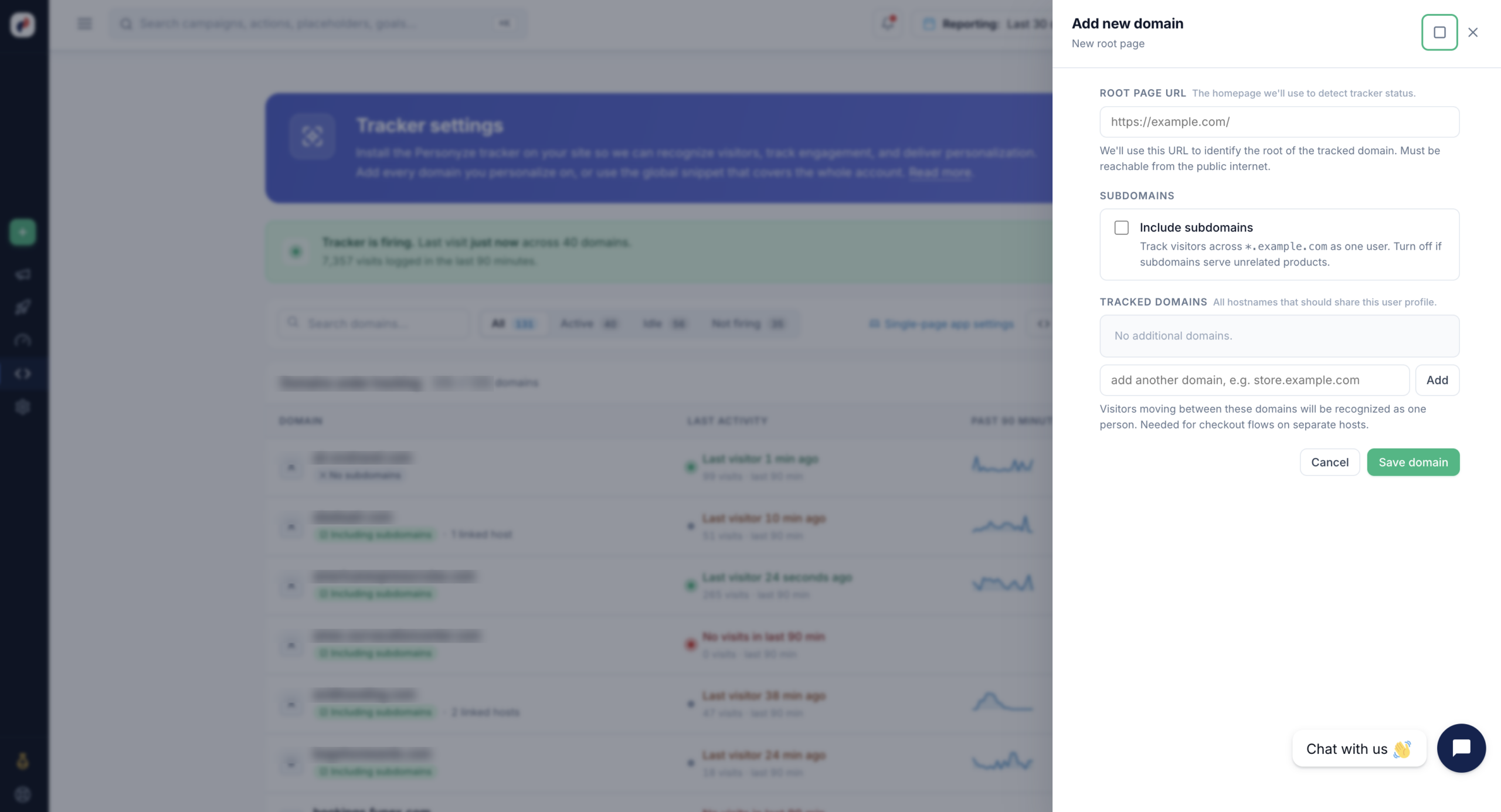 The Add new domain panel in Personyze with the root page URL field, include subdomains option, and tracked domains list
