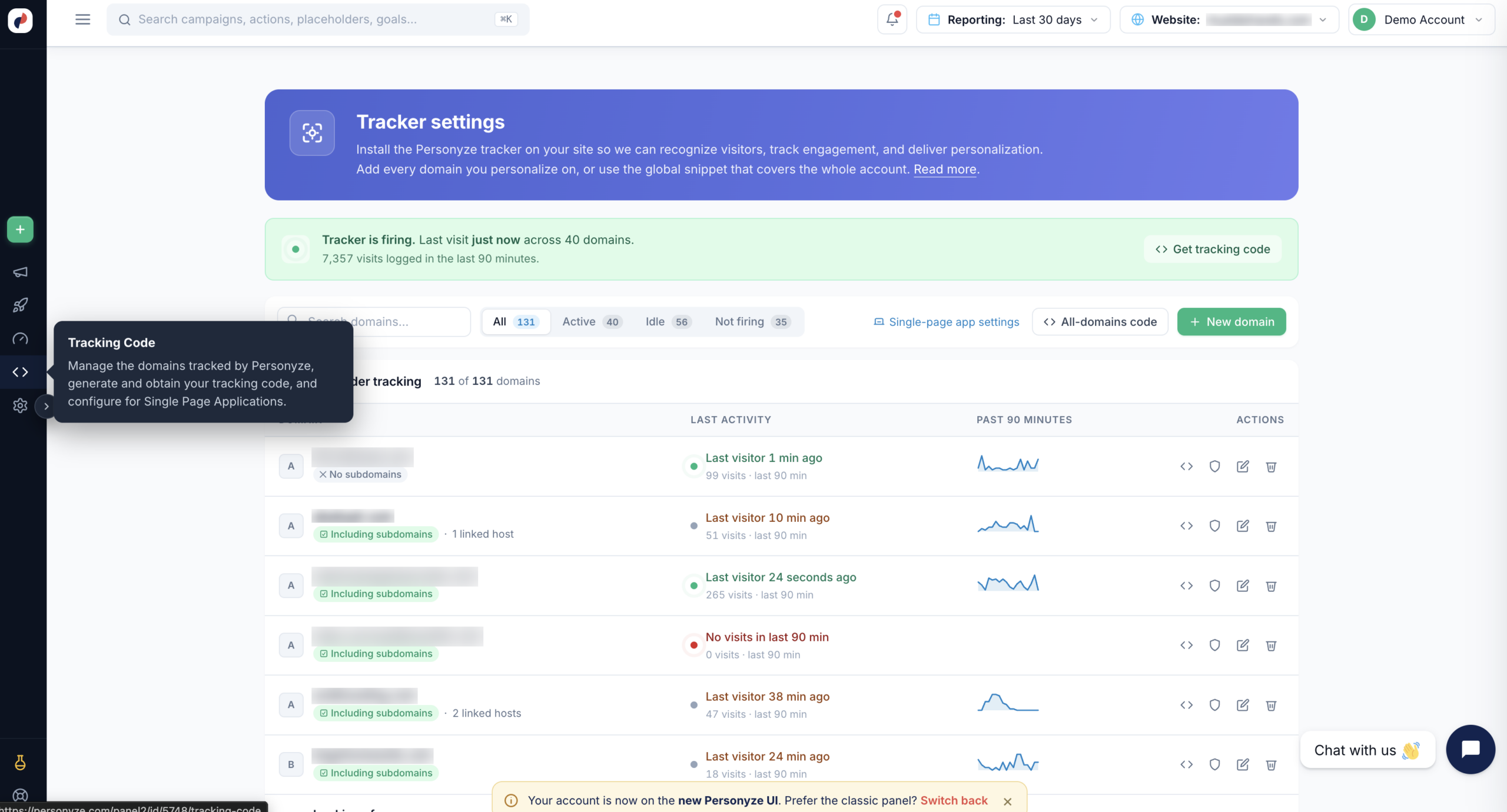The Personyze Tracker settings page showing the tracker status banner, domain filters, and the list of domains under tracking