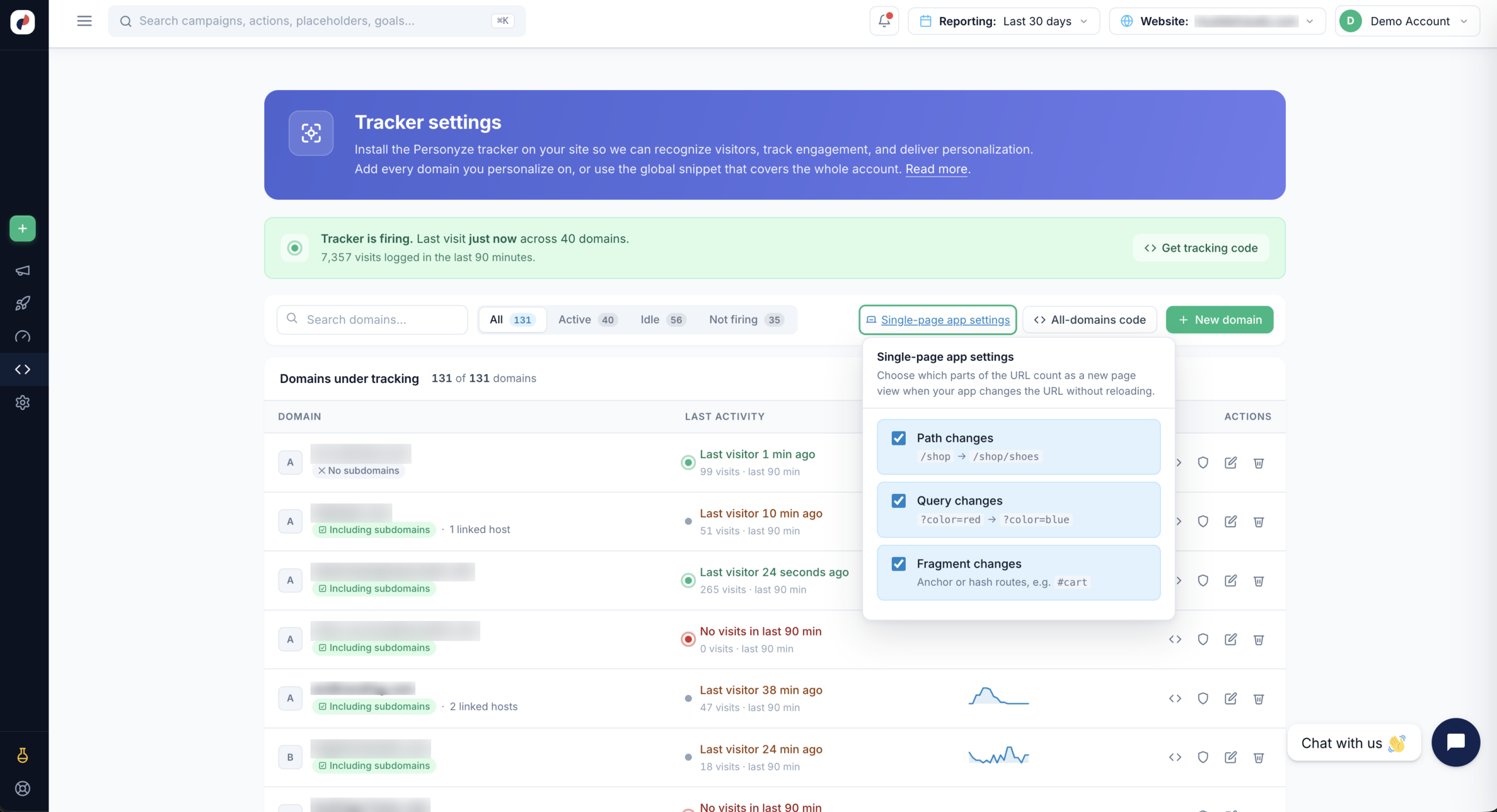 The single-page app settings popover in Personyze with path, query, and fragment change options