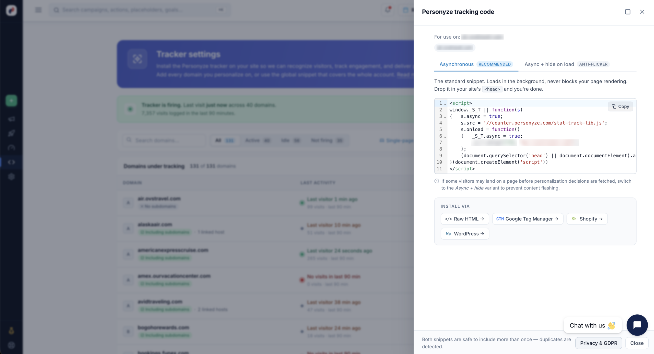 The Personyze tracking code panel showing the asynchronous snippet, the anti-flicker variant tab, and install options