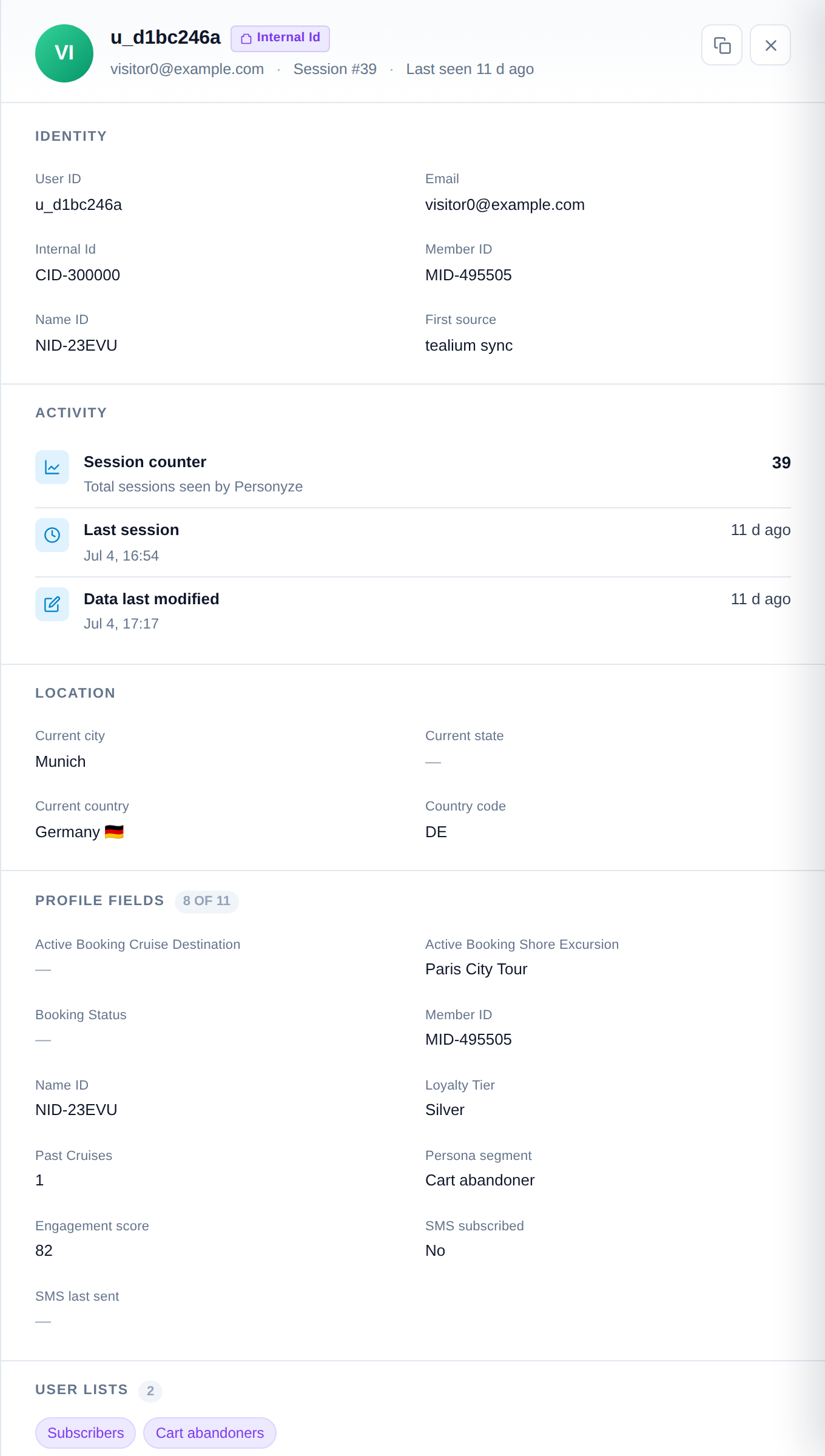 An individual user profile showing identity keys, activity, and stored profile fields