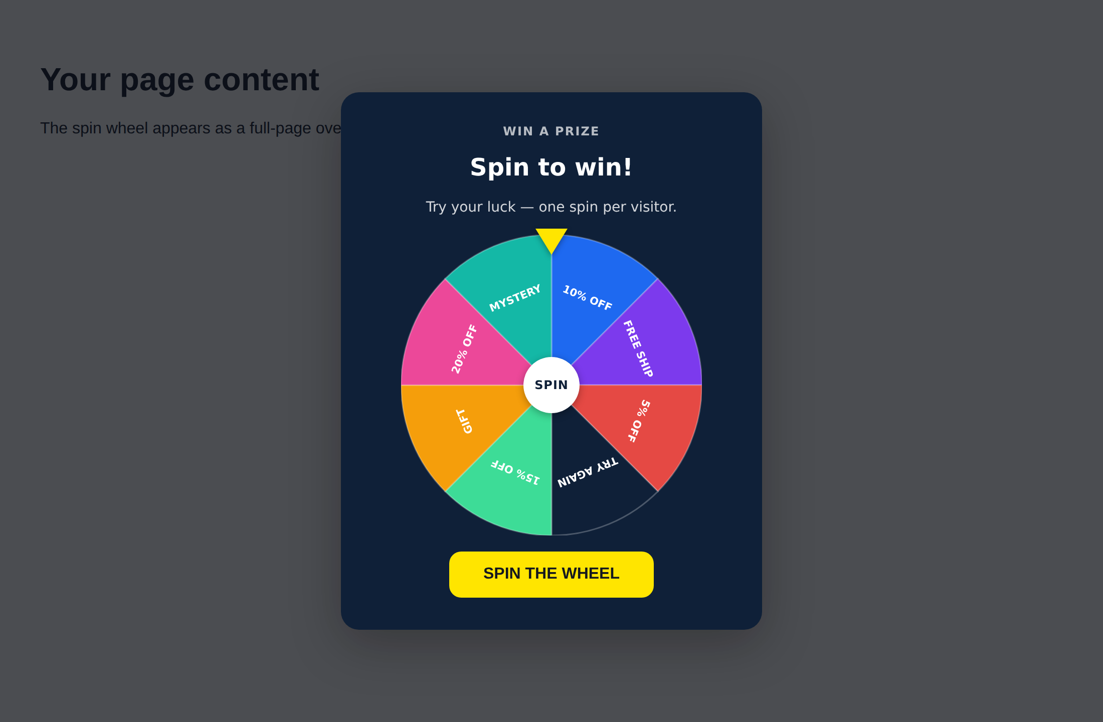 Spin Wheel shown as a full-page overlay on a dimmed backdrop over page content