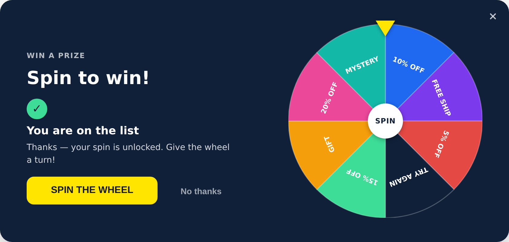 After submitting, a thank-you message replaces the form and the wheel unlocks